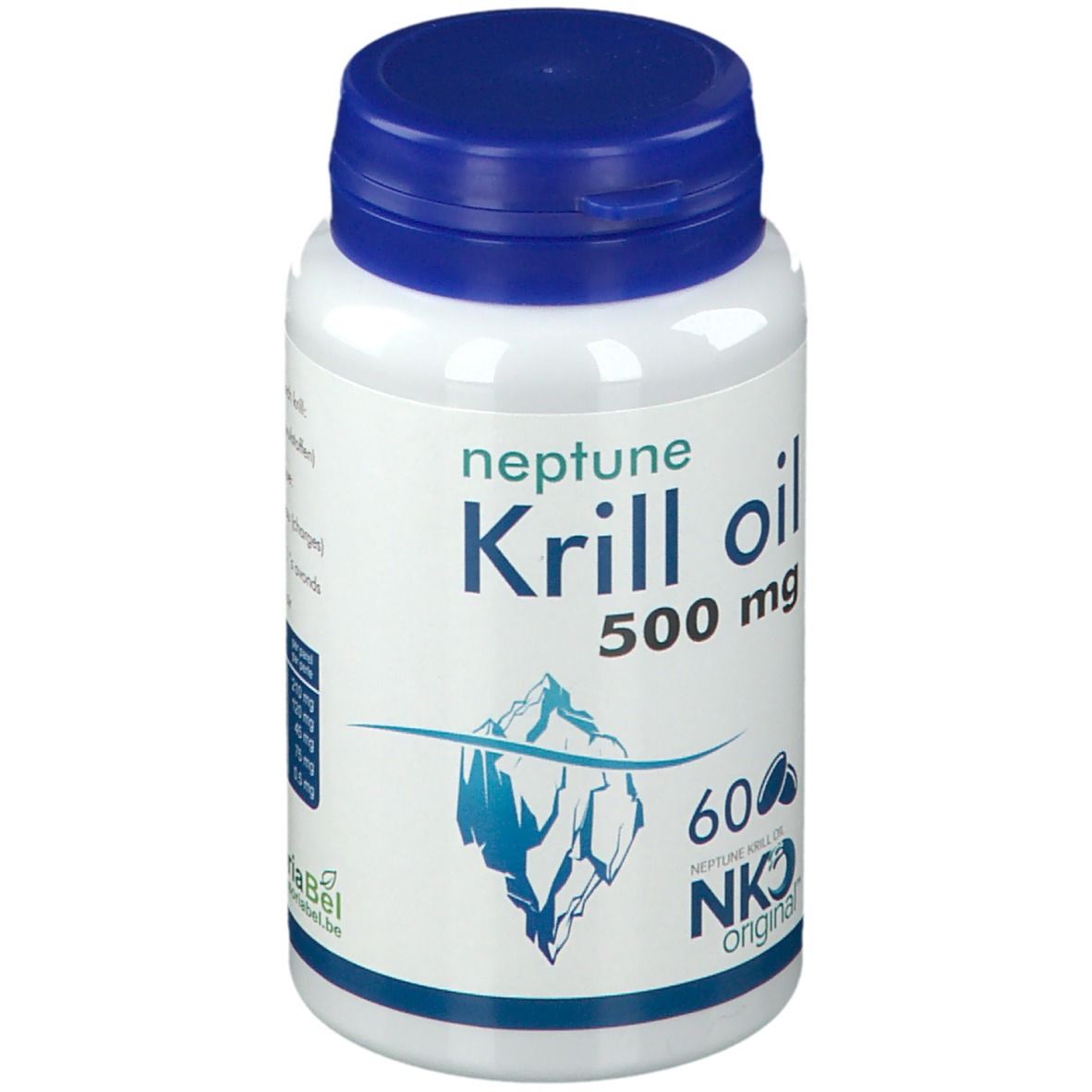 Weiße Flasche mit blauem Deckel. Aufschrift: Neptune Krill oil 500 mg. Abbildung eines Eisbergs. 60 Kapseln.