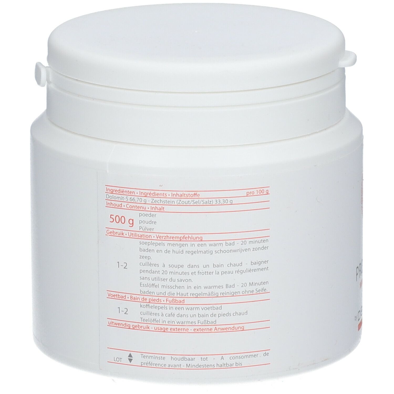 Pot blanc avec couvercle. Dos avec texte multilingue. 500 g. Ingrédients et mode d'emploi.