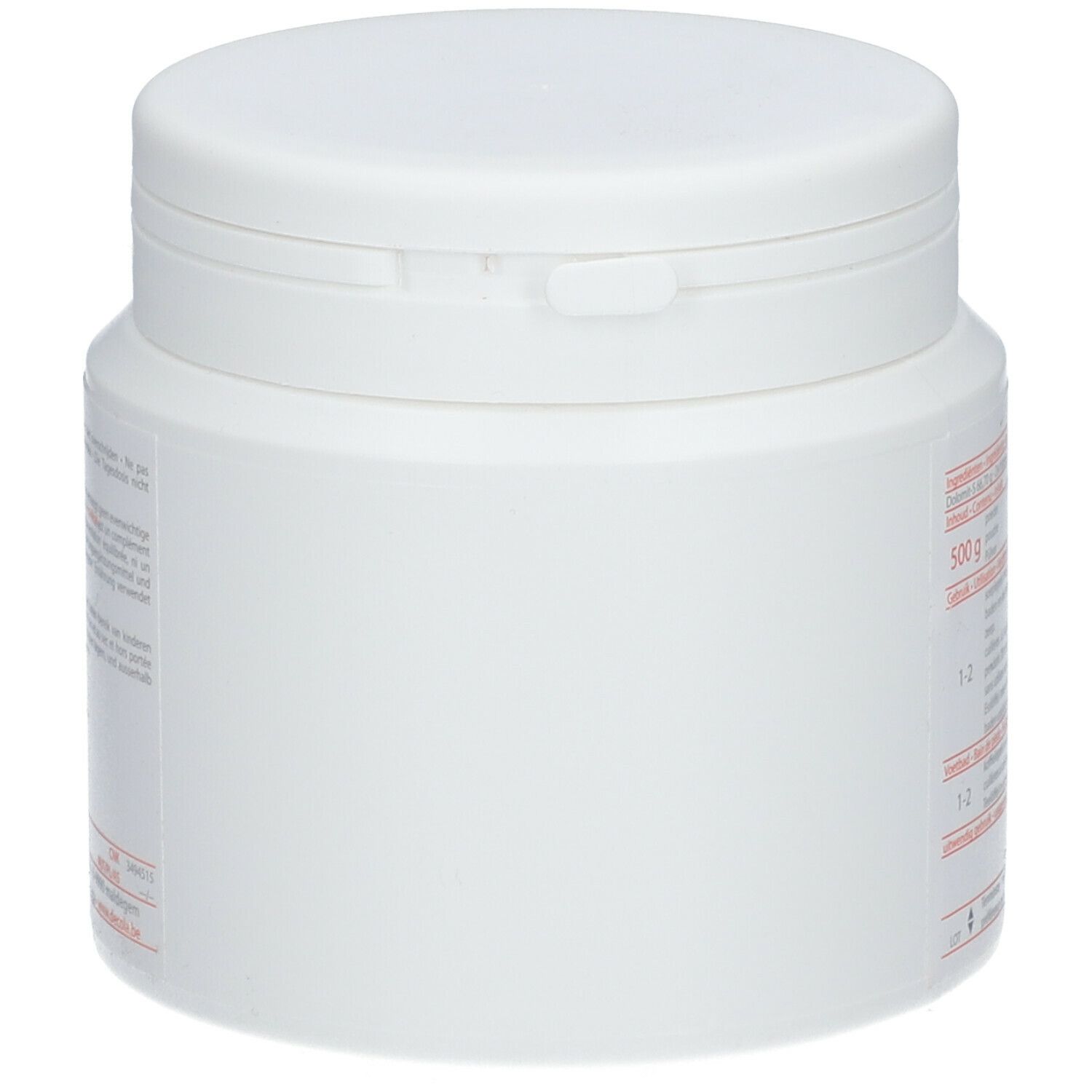 Pot blanc avec couvercle. Dos avec texte. 500 g. Étiquette avec informations et instructions.