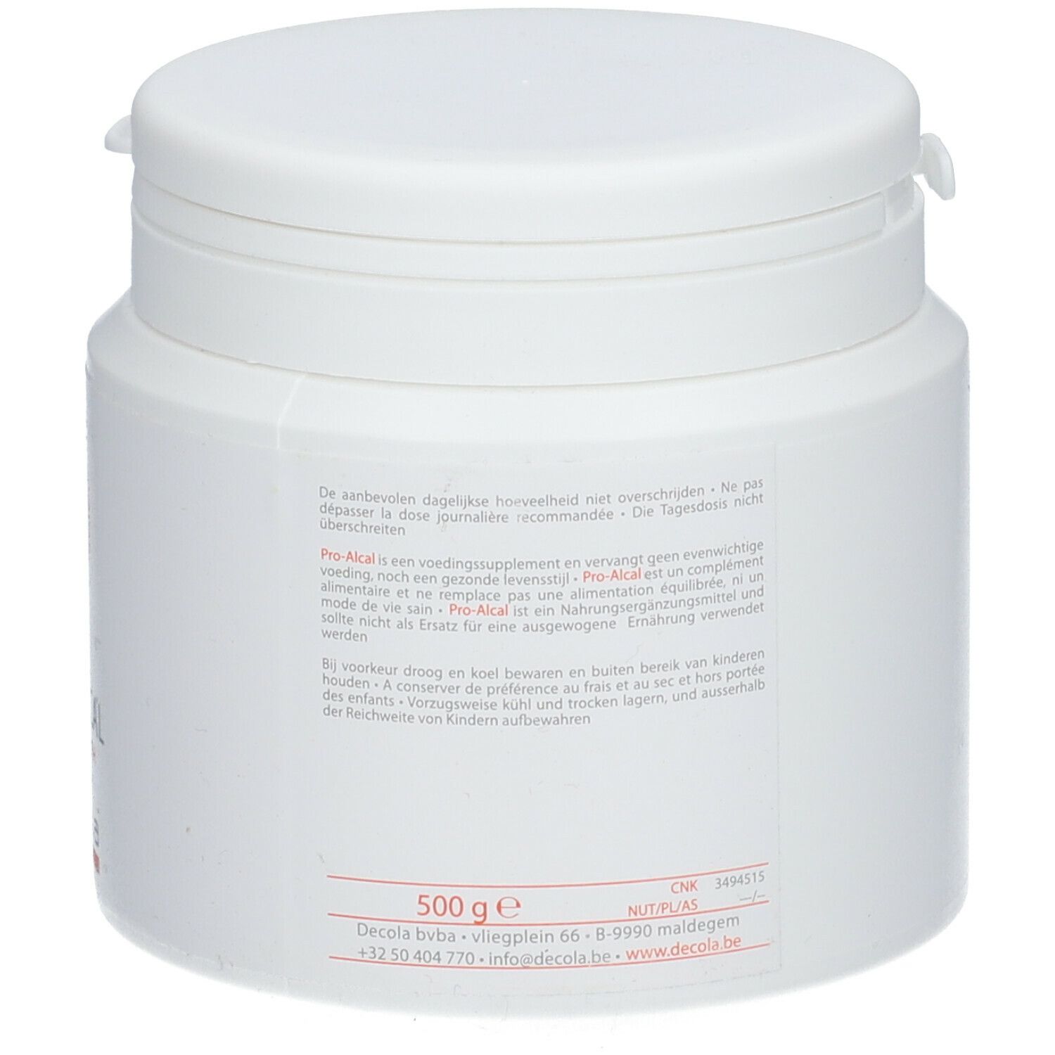 Pot blanc avec couvercle. Dos avec texte. 500 g. Logo DECOLA. Informations sur le produit.