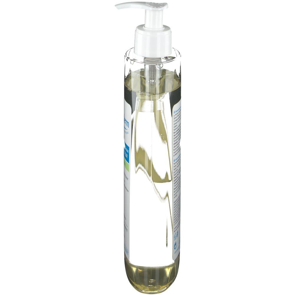 Flacon de shampooing Neutraderm, vue latérale. Flacon transparent avec liquide clair et pompe blanche.
