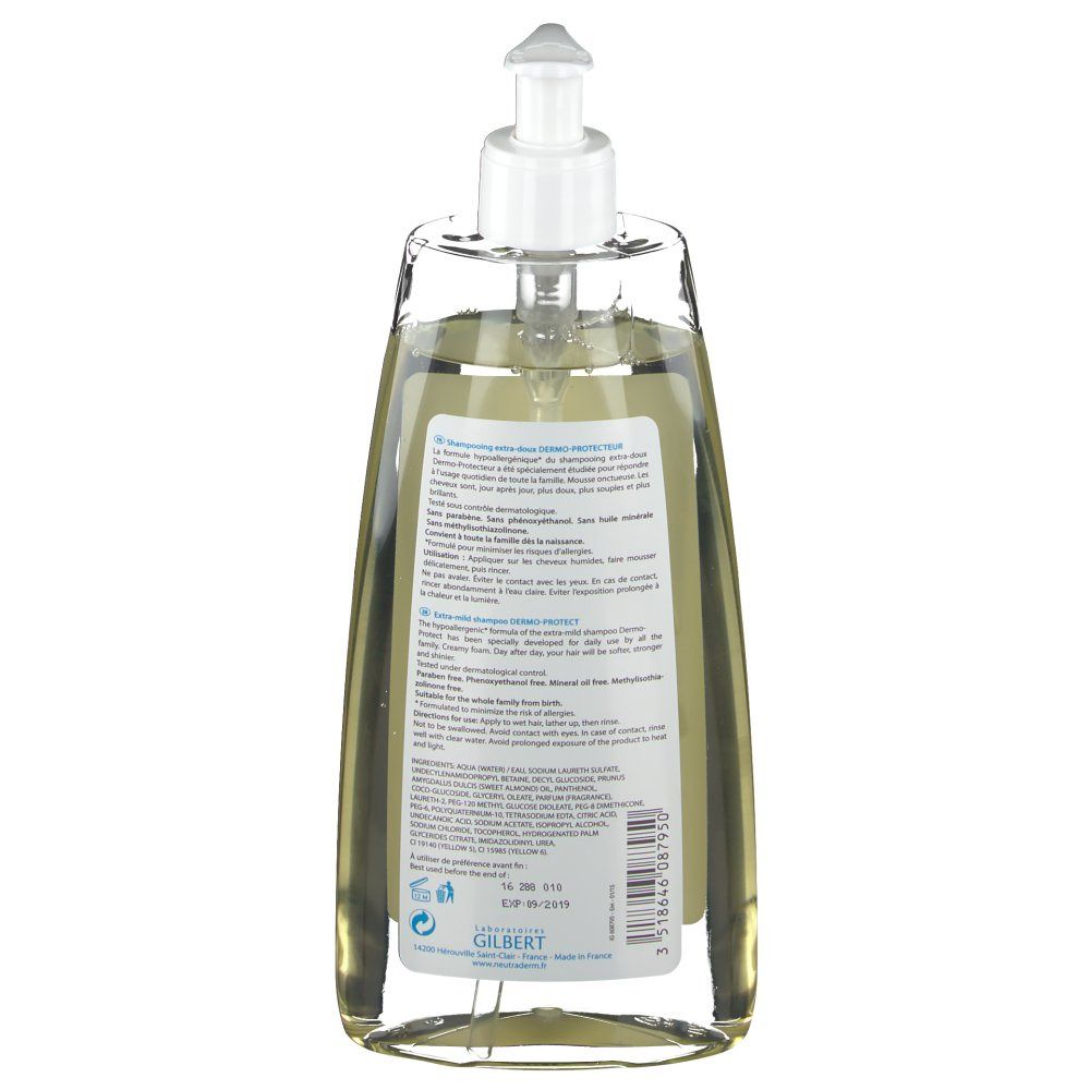 Dos du flacon de shampooing Neutraderm. Étiquette avec informations produit et ingrédients. Flacon transparent.