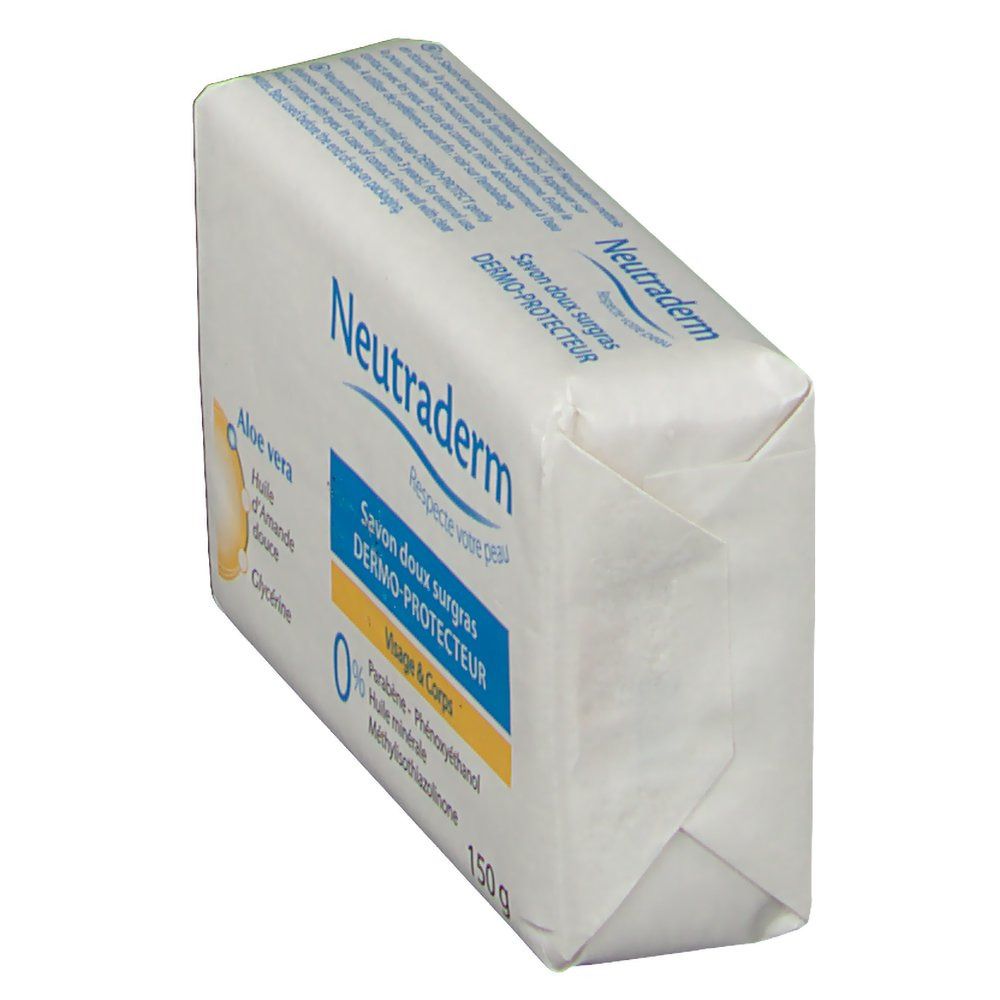 Schräg gestellte Seife in weißer Verpackung. Aufschrift Neutraderm, Savon doux surgras Dermo-Protecteur, 150 g. Mit Aloe Vera, Mandelöl und Glycerin.