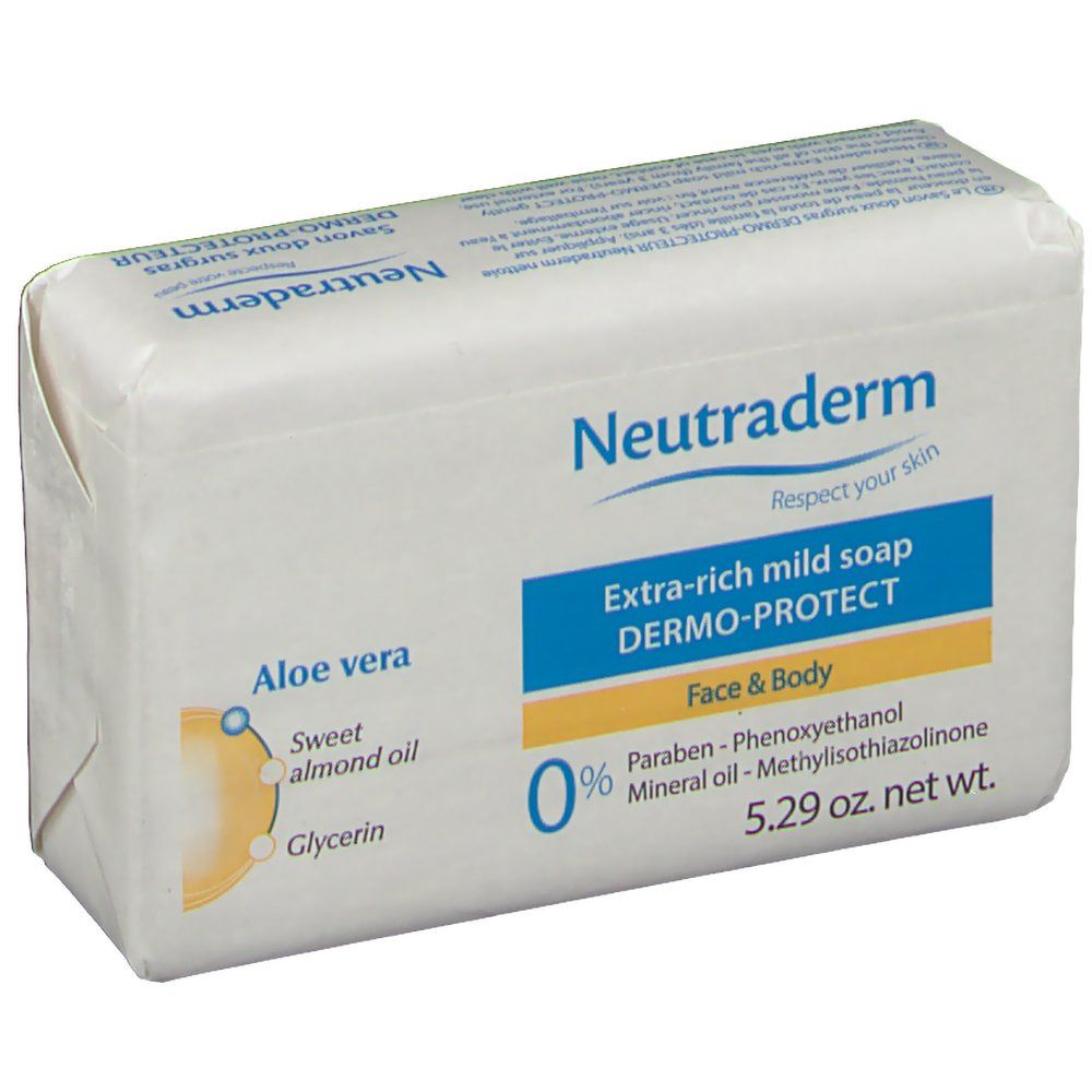 Seife in weißer Verpackung. Aufschrift Neutraderm, Extra-rich mild soap Dermo-Protect, 5.29 oz net wt. Mit Aloe Vera, Mandelöl und Glycerin.