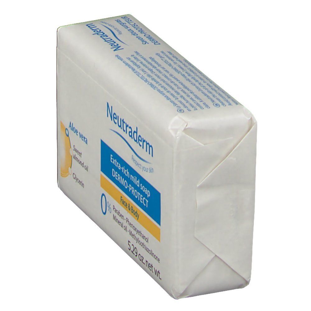Schräg gestellte Seife in weißer Verpackung. Aufschrift Neutraderm, Extra-rich mild soap Dermo-Protect, 5.29 oz net wt. Mit Aloe Vera, Mandelöl und Glycerin.