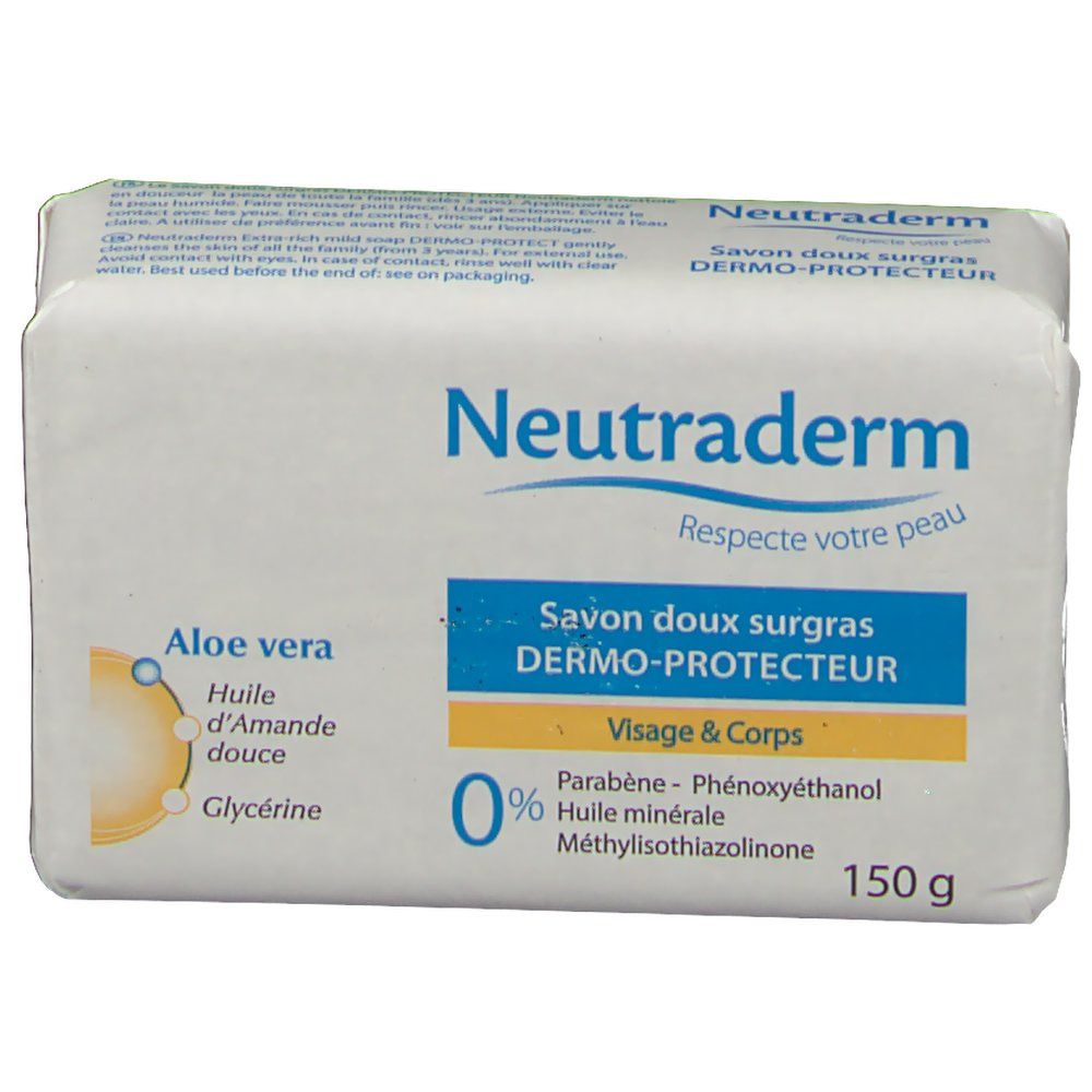 Seife in weißer Verpackung. Aufschrift Neutraderm, Savon doux surgras Dermo-Protecteur, 150 g. Mit Aloe Vera, Mandelöl und Glycerin.