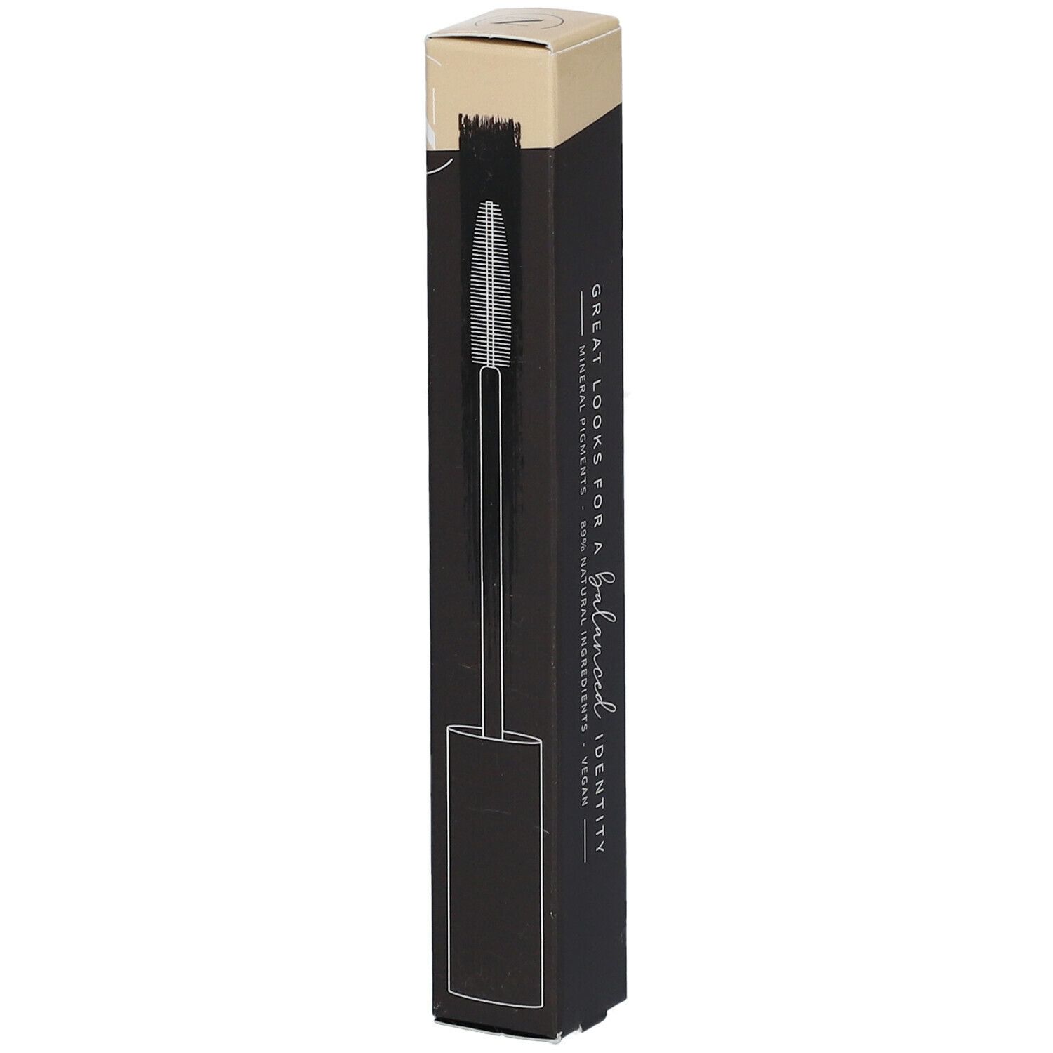 Mascara verpakking met borstel. Tekst: Great Looks for a balanced identity. Vegan.