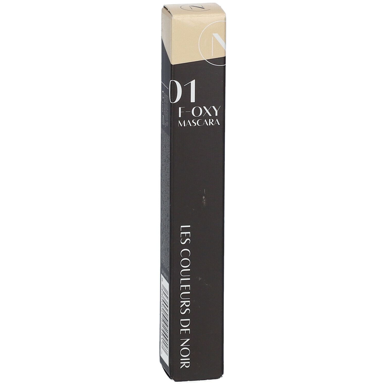 Mascara verpakking. Opschrift: 01 Foxy Mascara, Les Couleurs de Noir.
