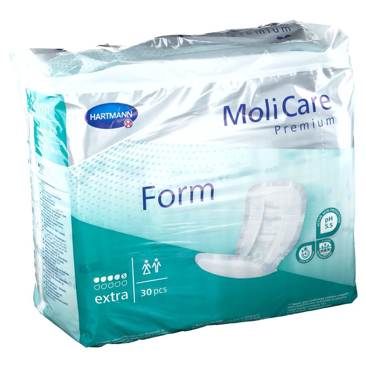 Paquet de MoliCare Premium Form Extra. Contient 30 pièces. Marque et nom du produit clairement visibles.