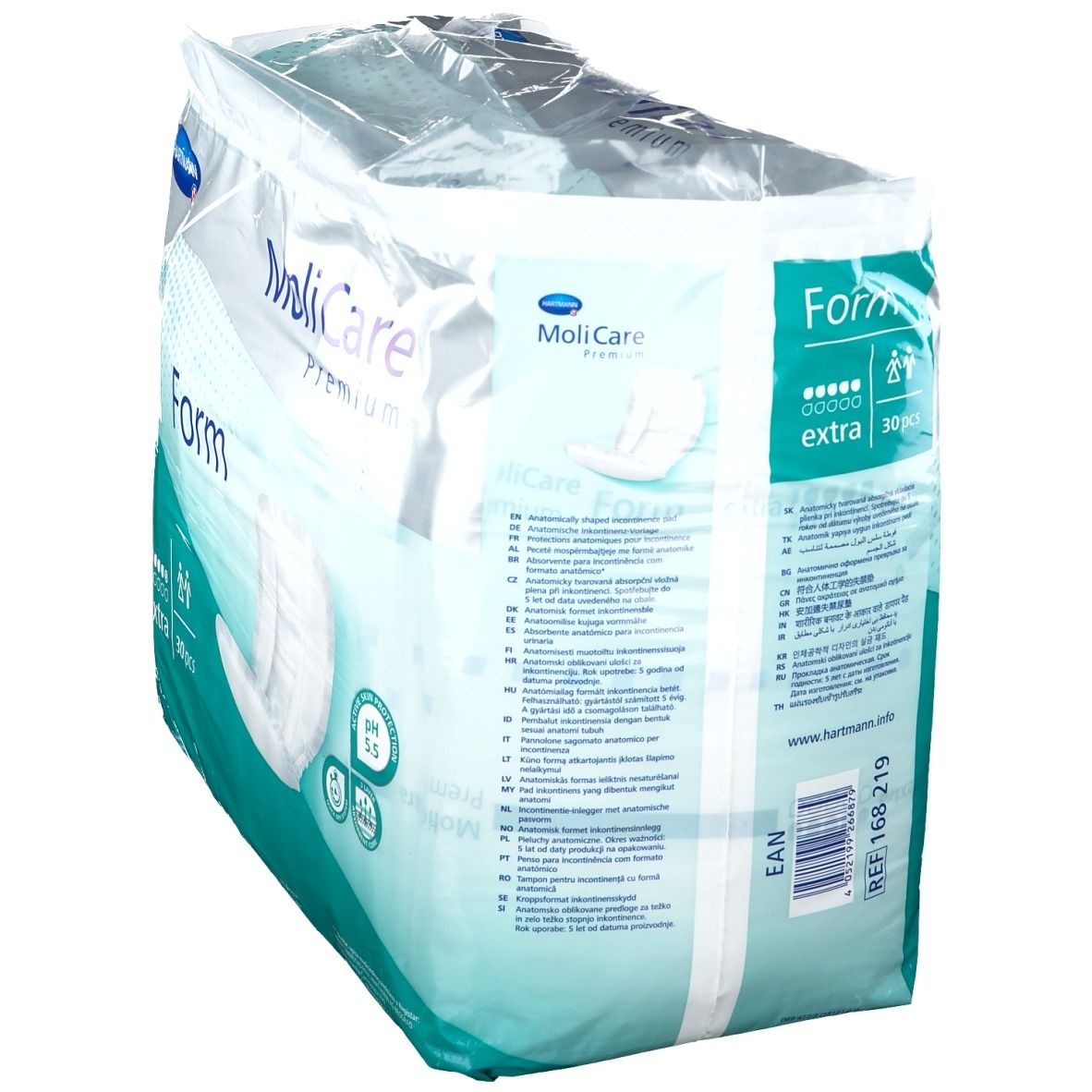 Paquet de MoliCare Premium Form Extra. Dos avec informations produit et code EAN. Contient 30 pièces.