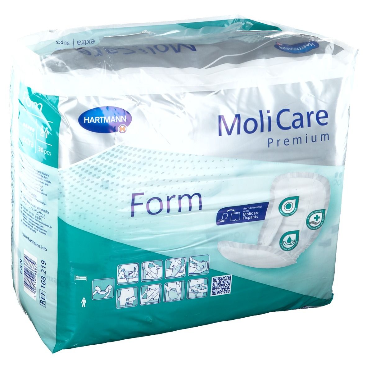 Paquet de MoliCare Premium Form Extra. Caractéristiques du produit et pictogrammes sur l'emballage. 30 pièces.