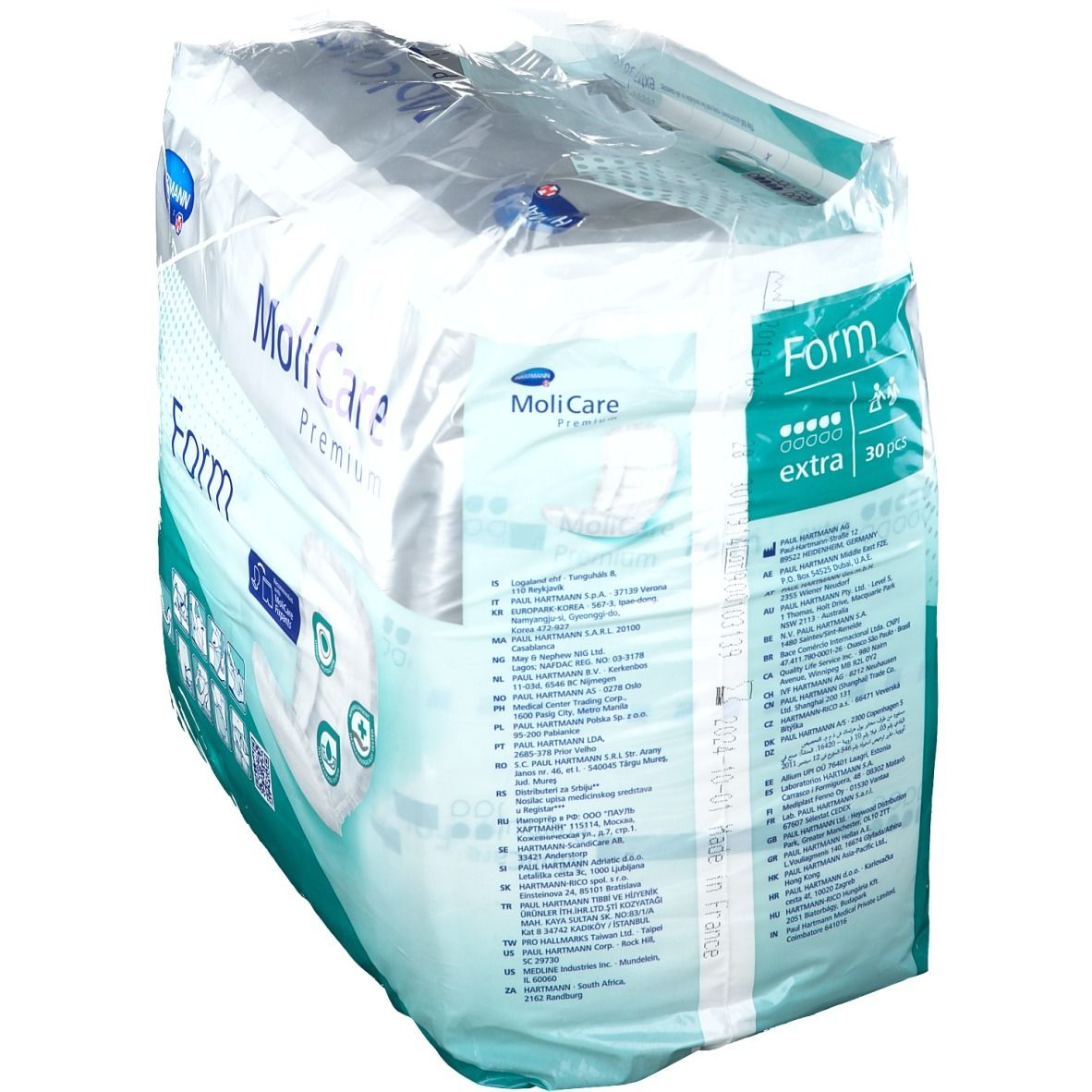 Paquet de MoliCare Premium Form Extra. Vue de côté. Contient 30 pièces. Nom du produit et marque visibles.