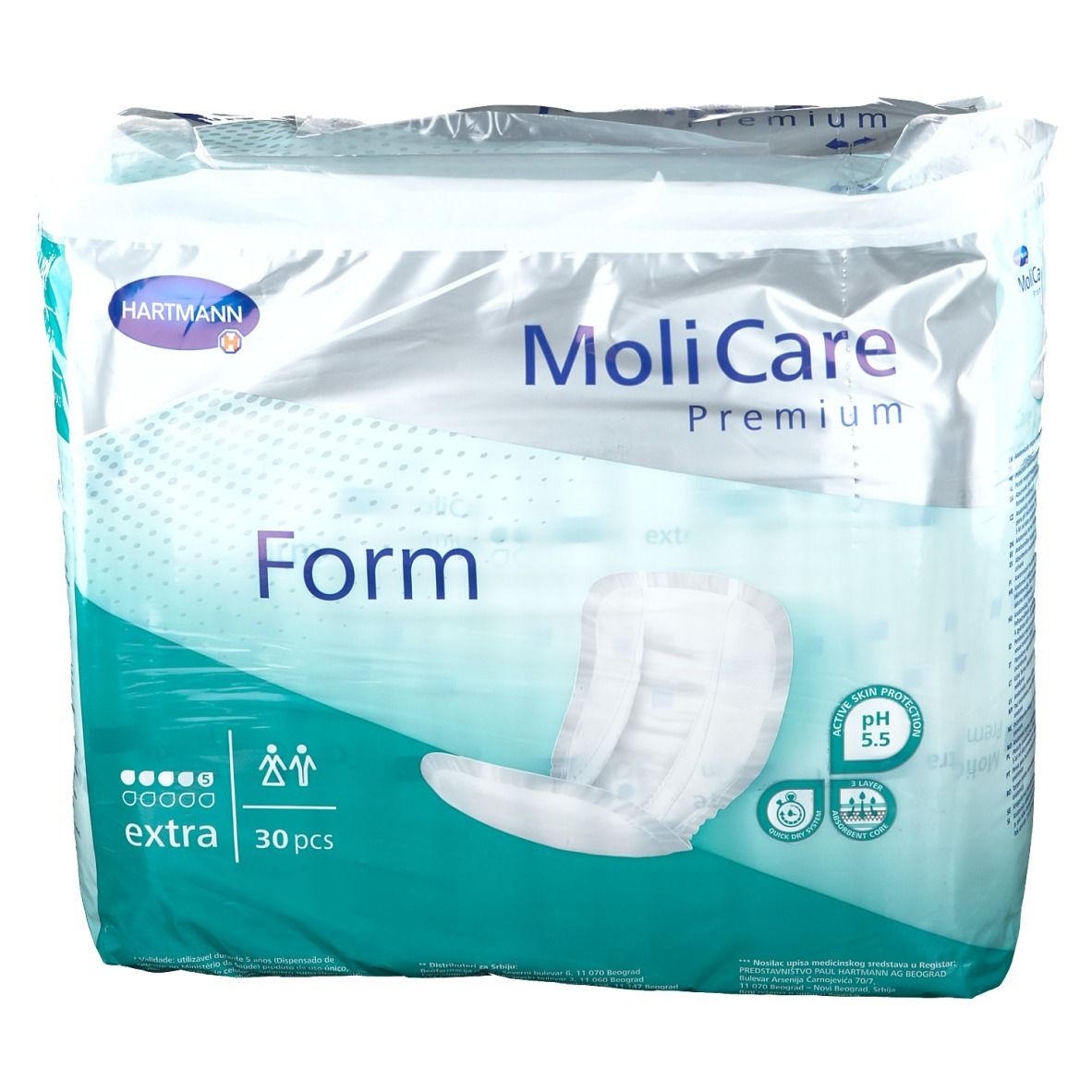 Paquet de MoliCare Premium Form Extra. 30 pièces. Nom du produit et marque clairement visibles. pH 5,5.