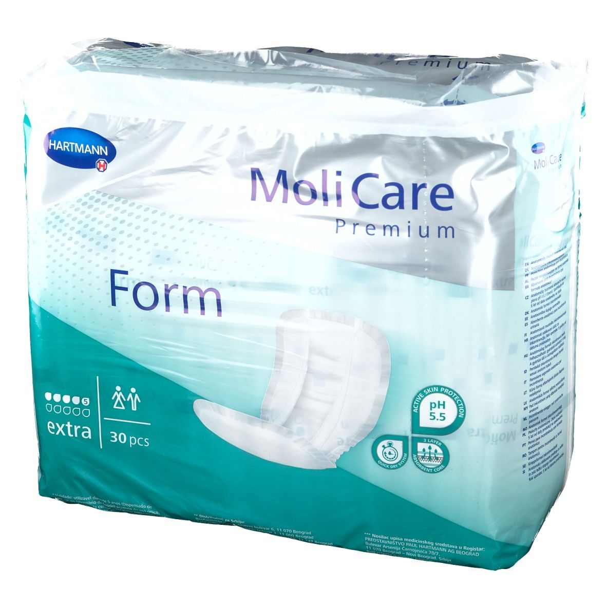 Paquet de MoliCare Premium Form Extra. 30 pièces. Nom du produit et marque clairement visibles. pH 5,5.