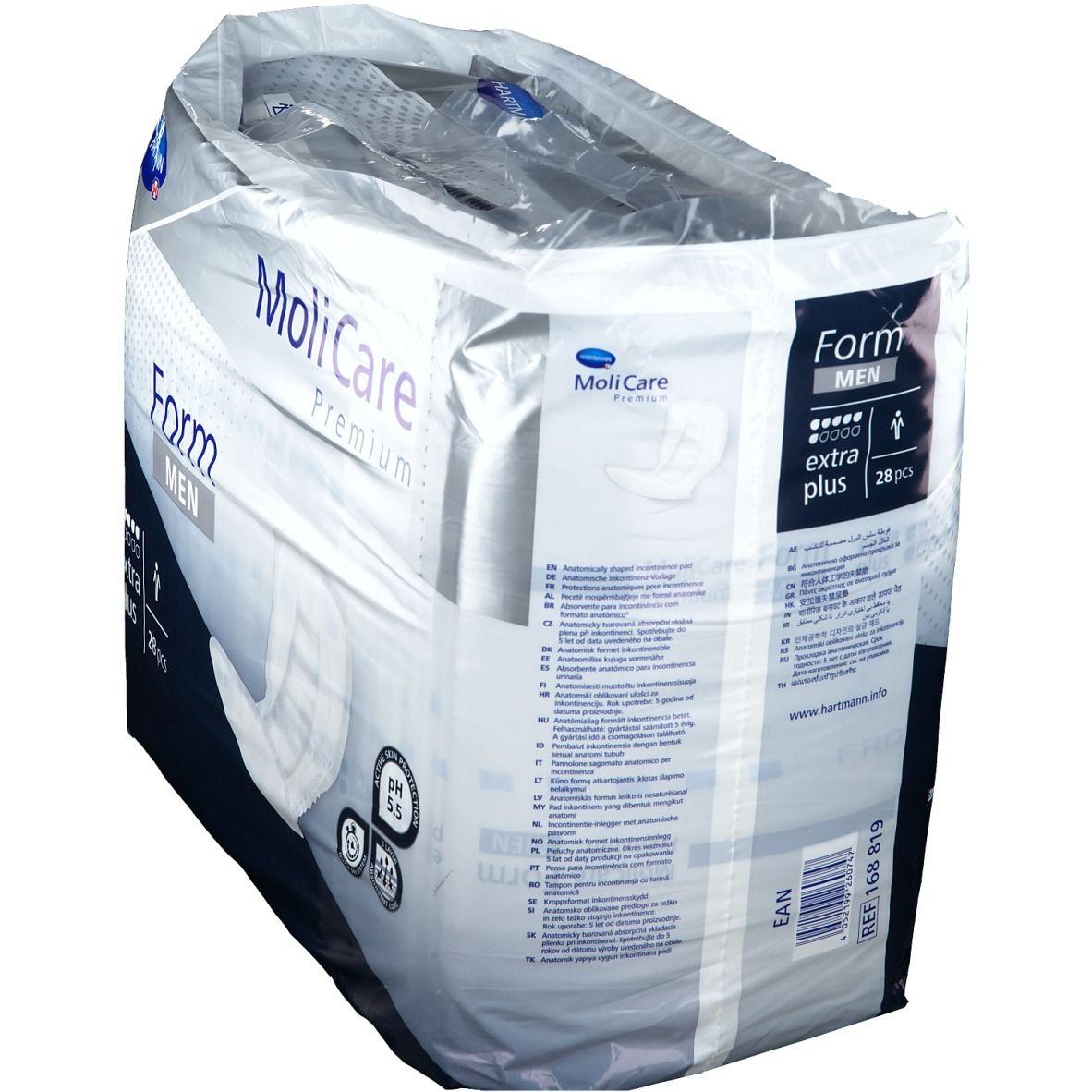 Paquet de MoliCare Premium Form Men Extra Plus. Contient 28 pièces. Marque Hartmann. Produit pH 5,5.