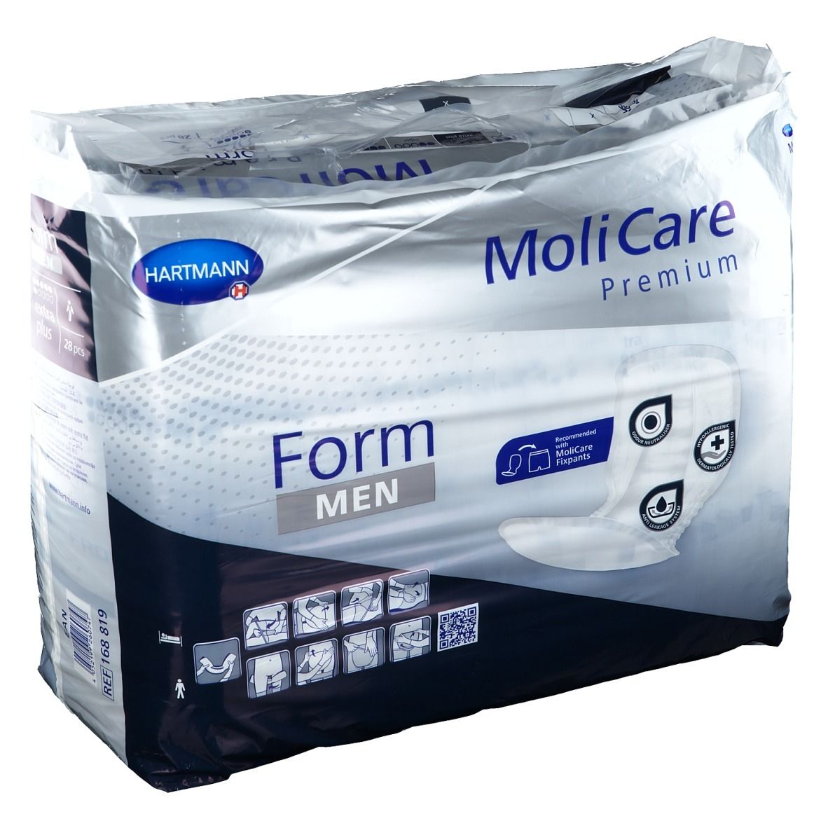 Paquet de MoliCare Premium Form Men Extra Plus. Contient 28 pièces. Marque Hartmann. Produit pH 5,5.
