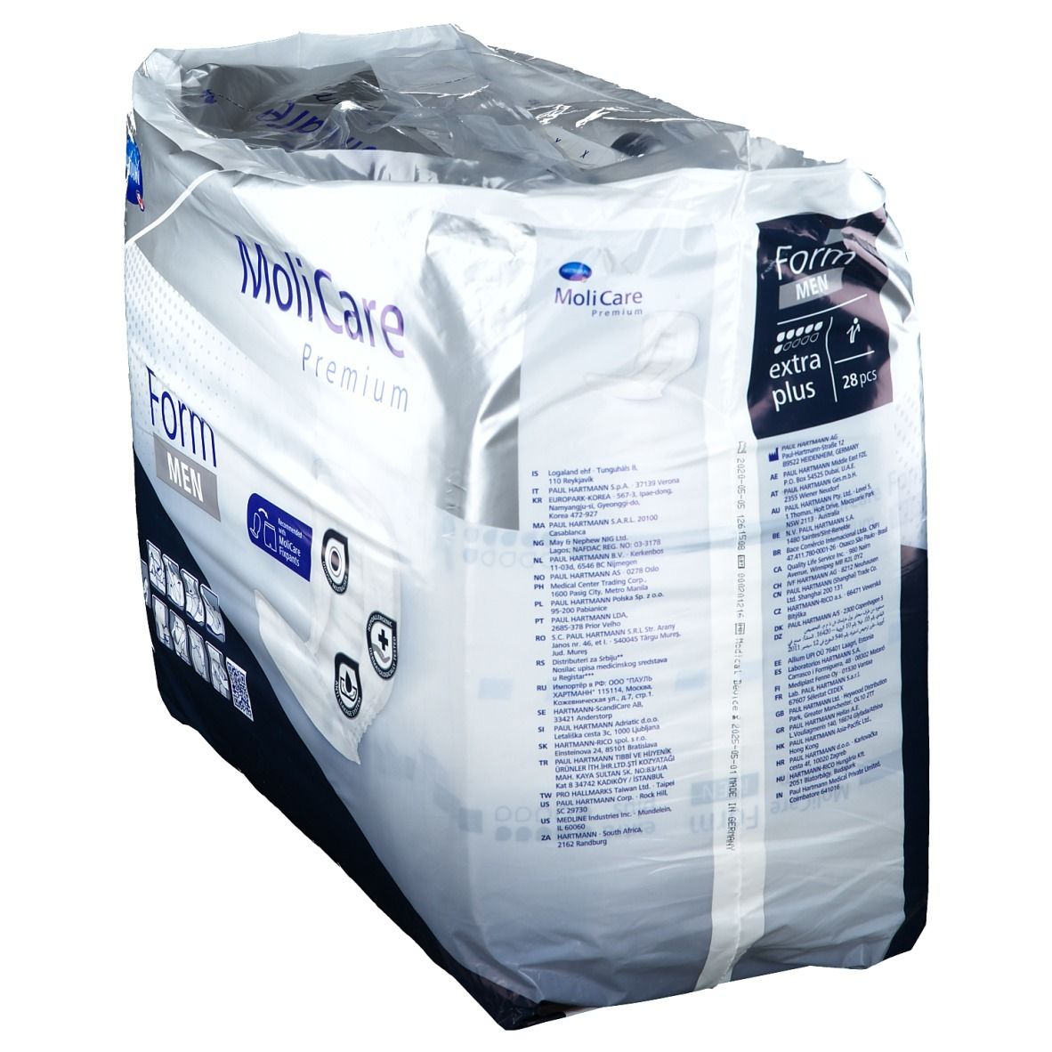 Paquet de MoliCare Premium Form Men Extra Plus. Contient 28 pièces. Marque Hartmann. Produit pH 5,5.