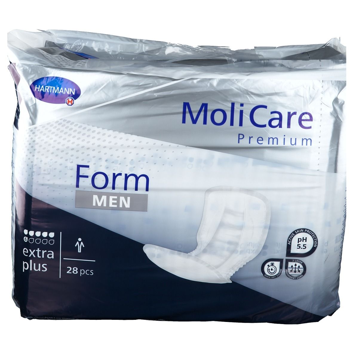 Paquet de MoliCare Premium Form Men Extra Plus. Contient 28 pièces. Marque Hartmann. Produit pH 5,5.