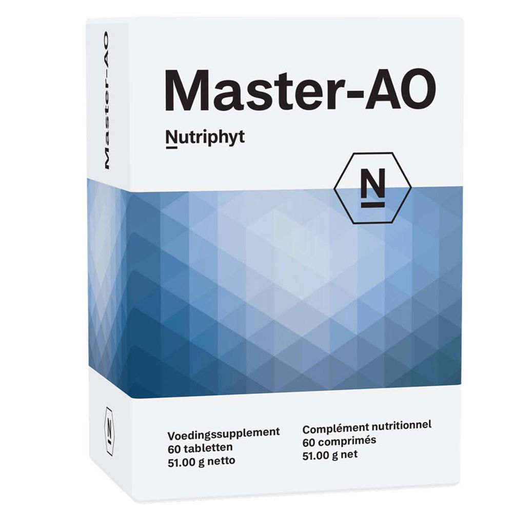 Boîte blanche avec texte "Master-AO". Contient 60 comprimés. Marque Nutriphyt. Motifs géométriques bleus sur l'emballage.