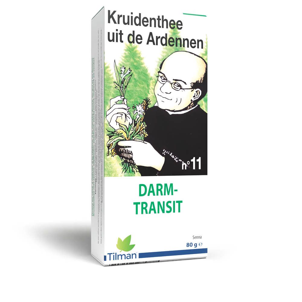 Kruidenthee verpakking. Tekst: Darm Transit, nr. 11. Illustratie van man met kruiden. Merk: Tilman. 80g.