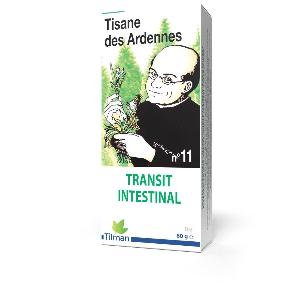Boîte de thé. Texte: Darm Transit, n°11. Illustration d'un homme avec des herbes. Marque: Tilman. 80g.