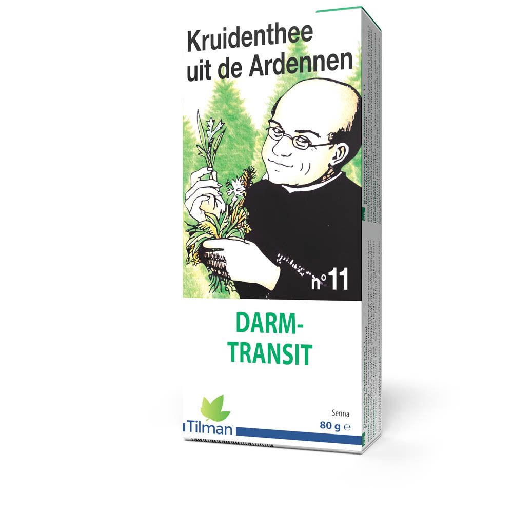Kruidenthee verpakking. Tekst: Darm Transit, nr. 11. Illustratie van man met kruiden. Merk: Tilman. 80g.