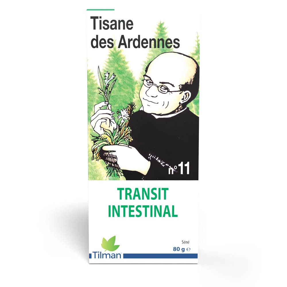 Boîte de thé. Texte: Darm Transit, n°11. Illustration d'un homme avec des herbes. Marque: Tilman. 80g.