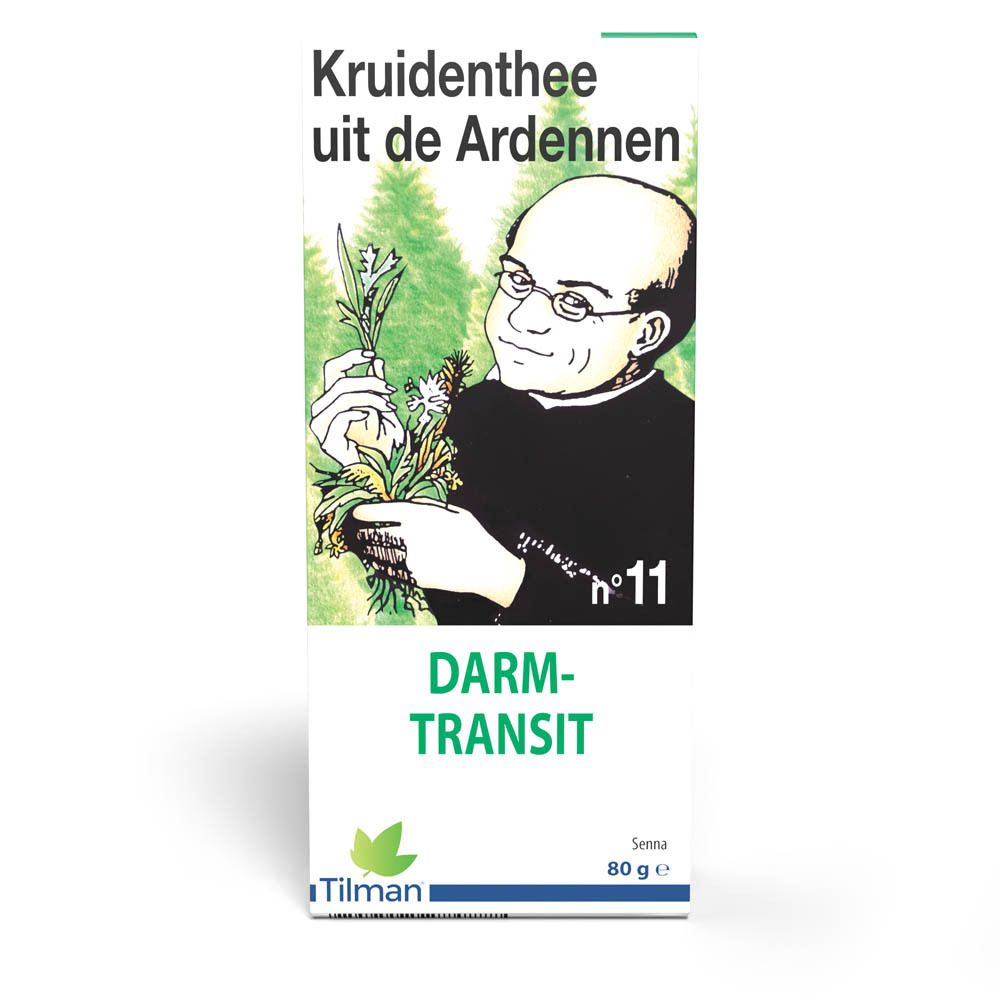 Kruidenthee verpakking. Tekst: Darm Transit, nr. 11. Illustratie van man met kruiden. Merk: Tilman. 80g.