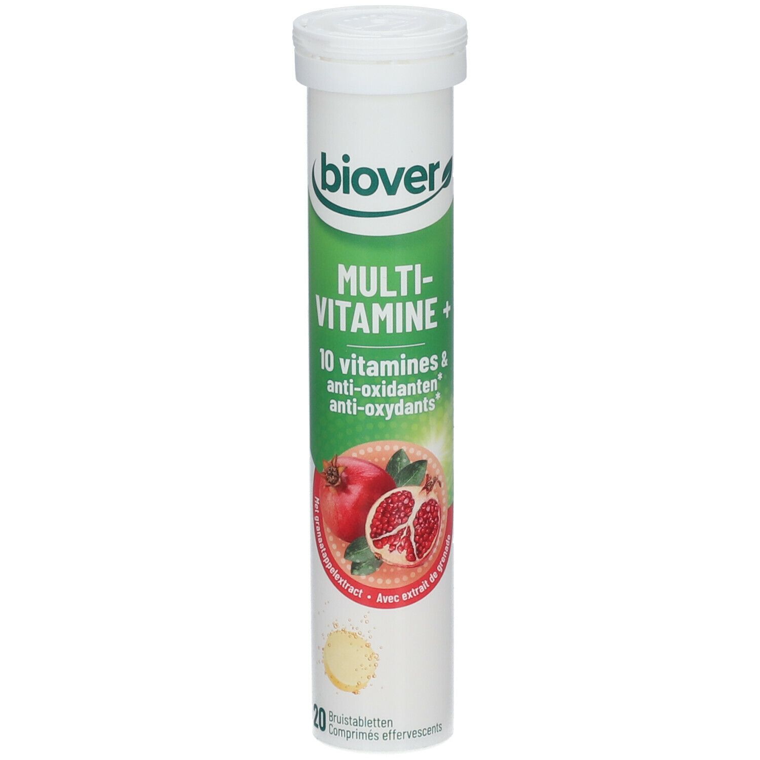 Tube Biover Multivitamine+. Emballage vert et blanc avec grenade. Contient 10 vitamines et antioxydants. 20 comprimés.
