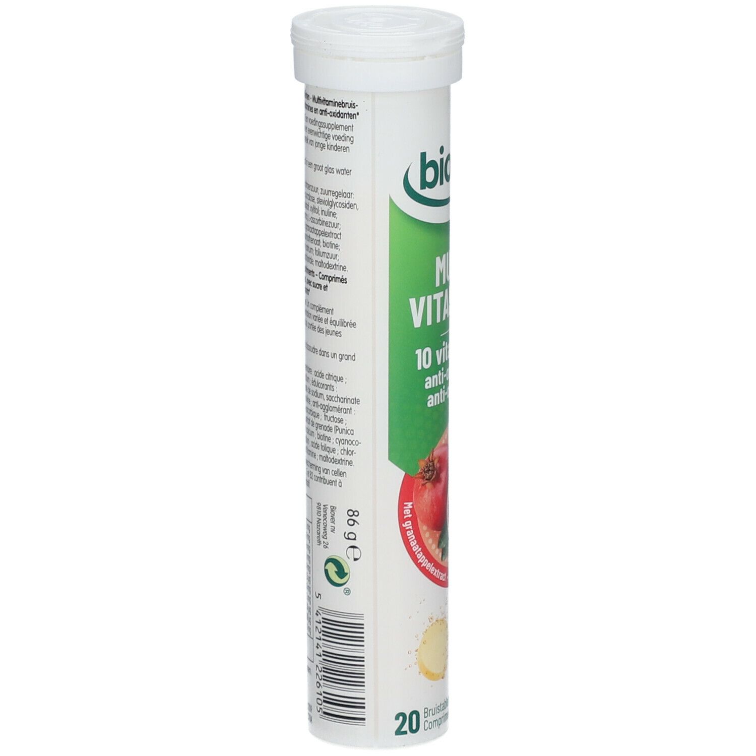 Tube Biover Multivitamine+. Dos avec texte. Contient 86g. 20 comprimés. Emballage vert et blanc.