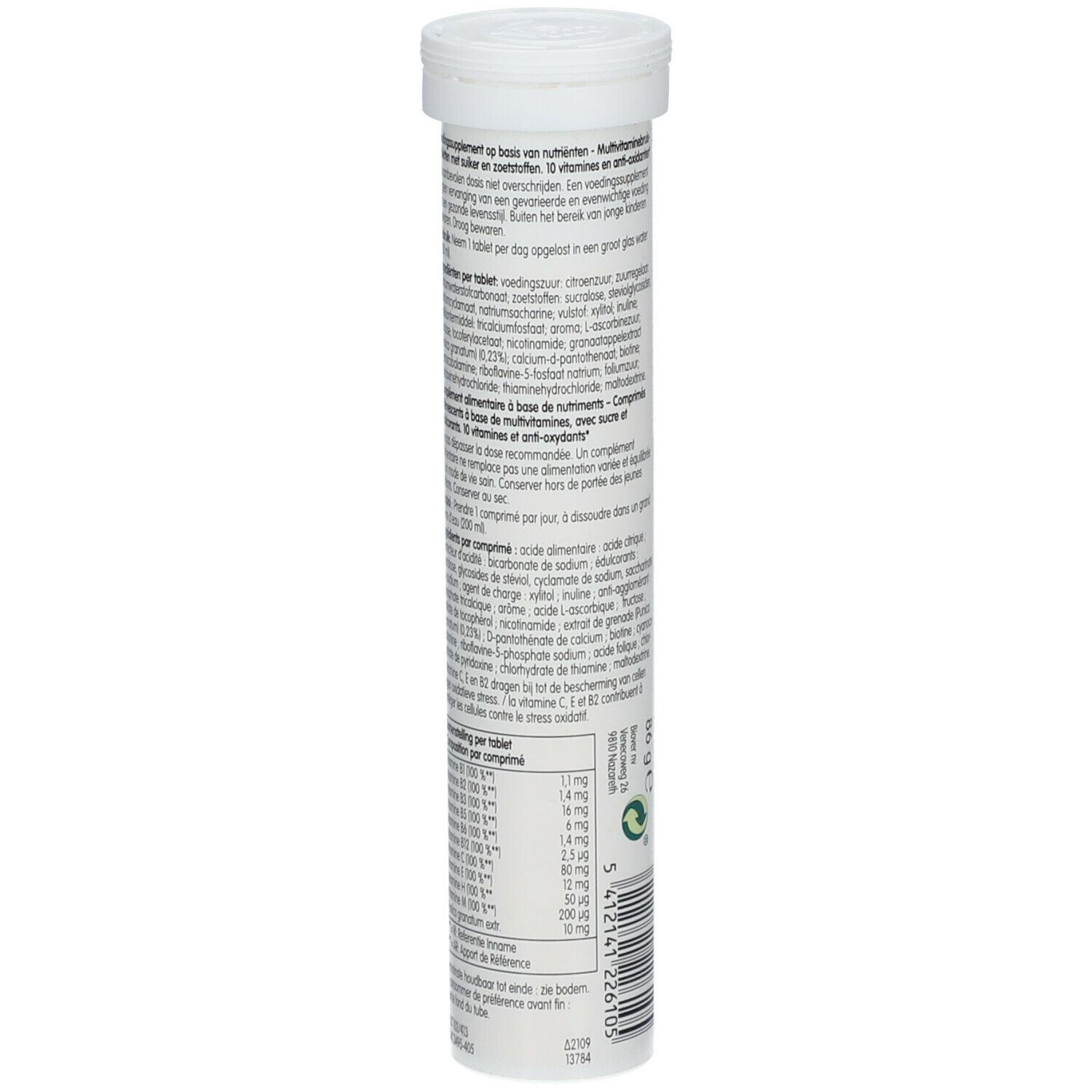 Tube Biover Multivitamine+. Dos avec texte. Contient 86g. 20 comprimés. Emballage vert et blanc.