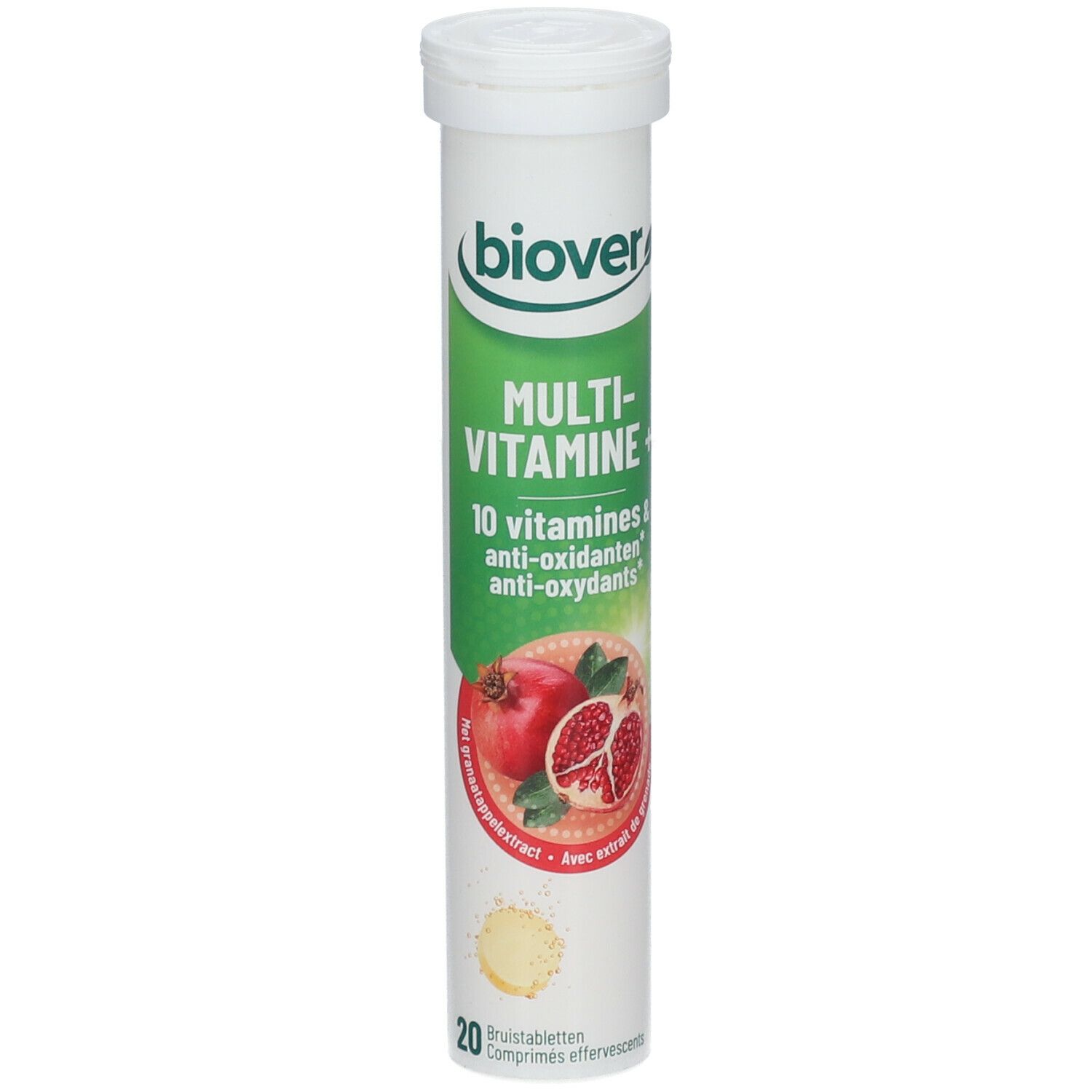 Tube Biover Multivitamine+. Emballage vert et blanc avec grenade. Contient 10 vitamines et antioxydants. 20 comprimés.