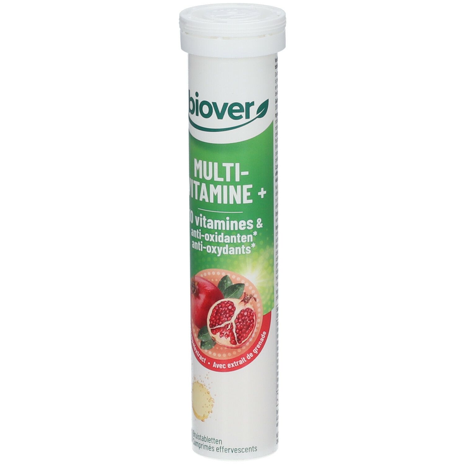 Tube Biover Multivitamine+. Emballage vert et blanc avec grenade. Contient 10 vitamines et antioxydants. 20 comprimés.