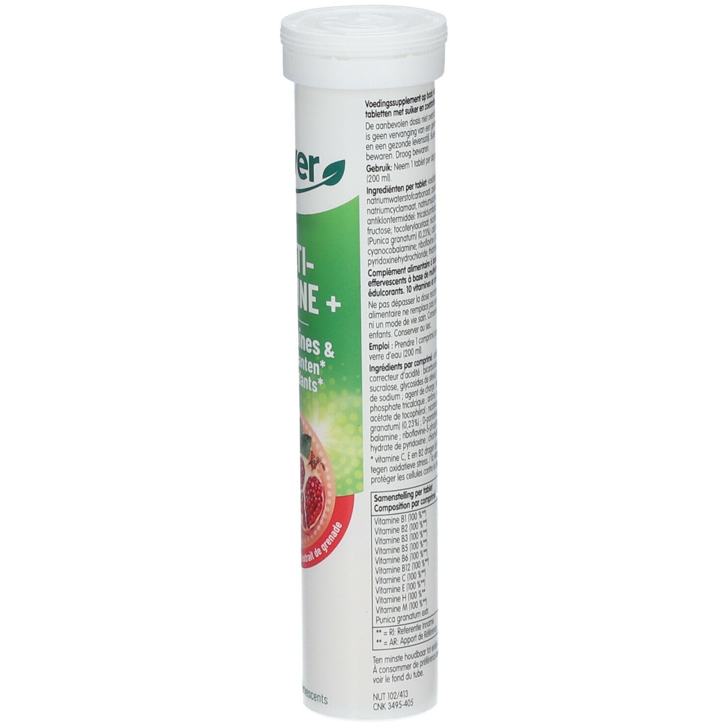 Tube Biover Multivitamine+. Dos avec texte. Contient 86g. 20 comprimés. Emballage vert et blanc.