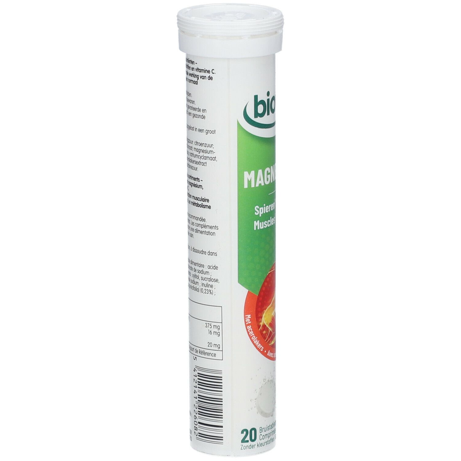 Tube blanc avec informations produit. Contient 20 comprimés effervescents. Code-barres et ingrédients.