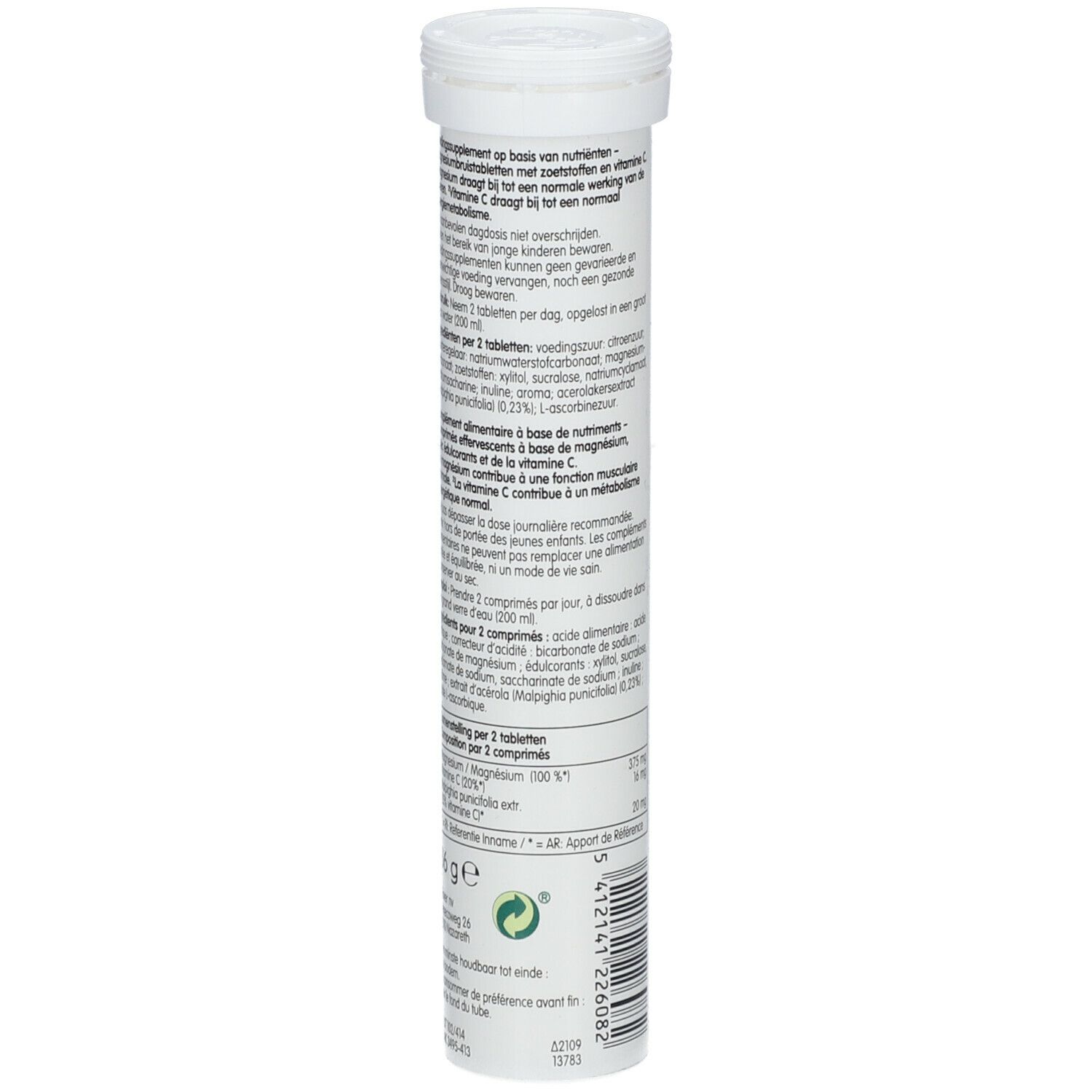 Tube blanc avec informations produit. Contient 20 comprimés effervescents. Ingrédients et valeurs nutritionnelles.