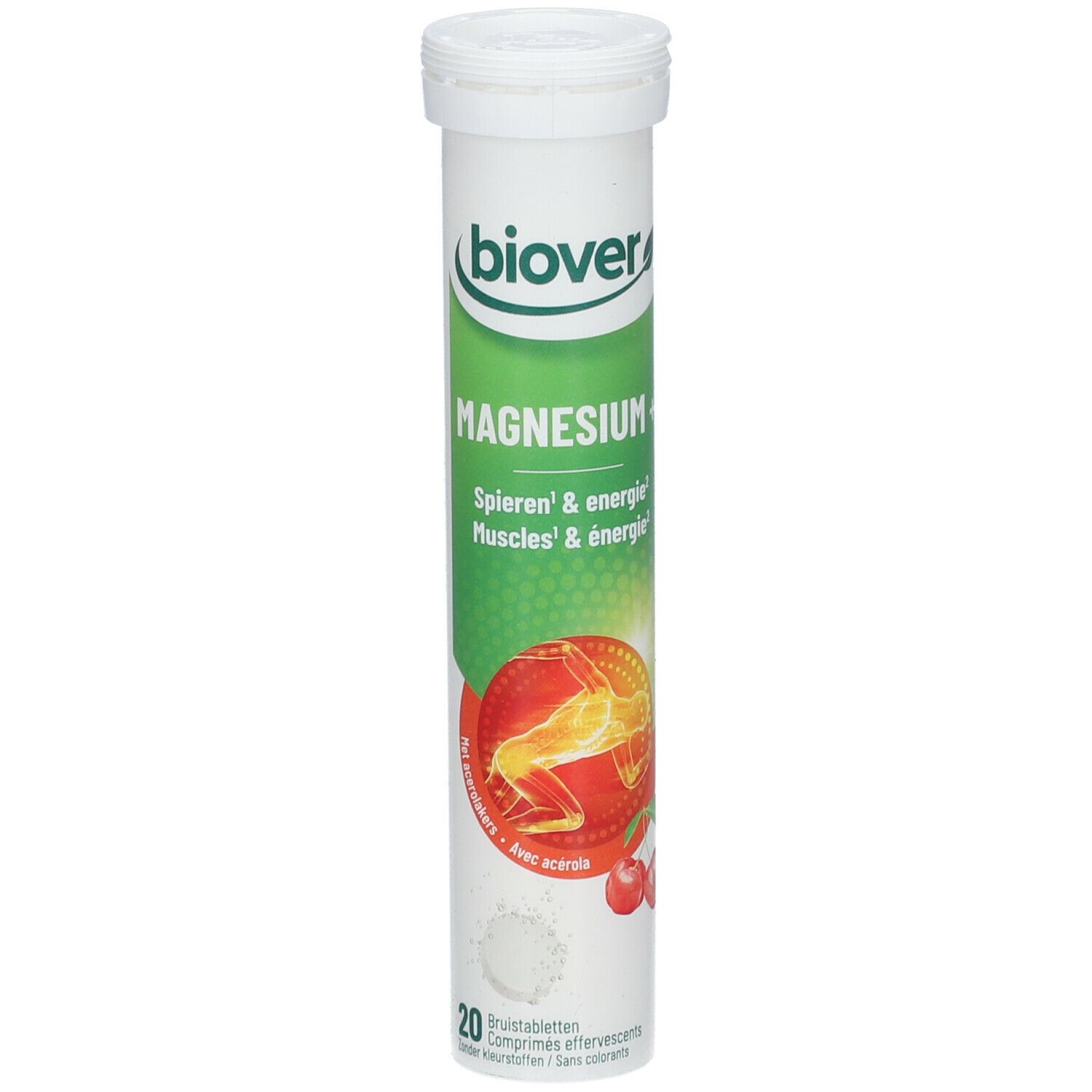 Tube blanc "Biover Magnesium". Contient 20 comprimés effervescents. Illustration de cerises et d'oranges.