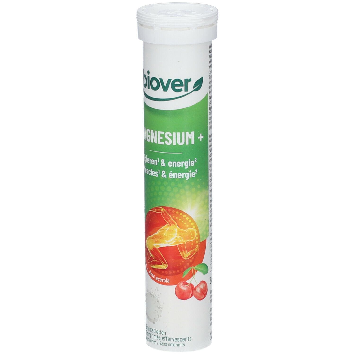Tube blanc "Biover Magnesium +". Contient 20 comprimés effervescents. Illustration de cerises et d'oranges.