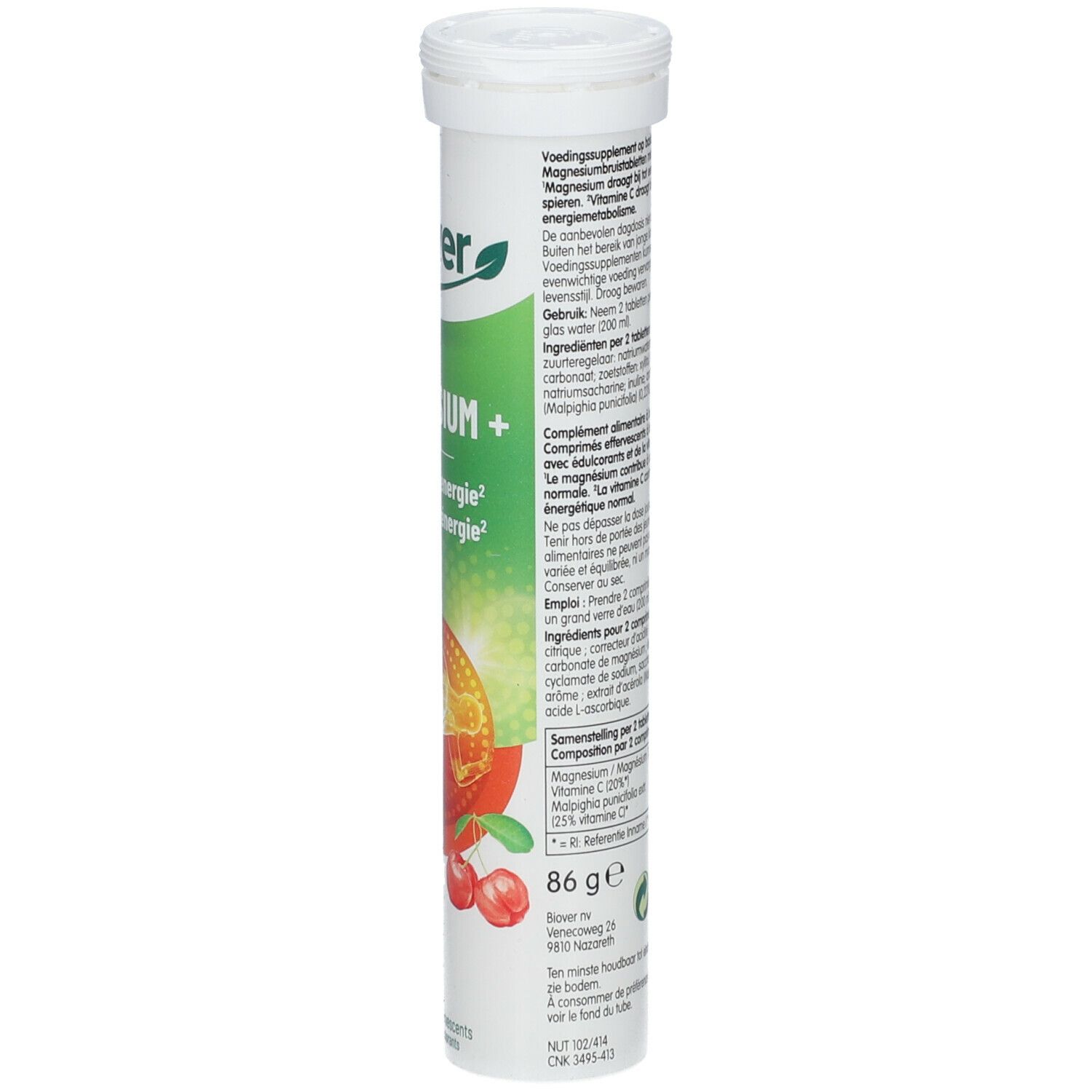 Tube blanc avec informations produit. Contient 20 comprimés effervescents. Ingrédients, valeurs et poids.