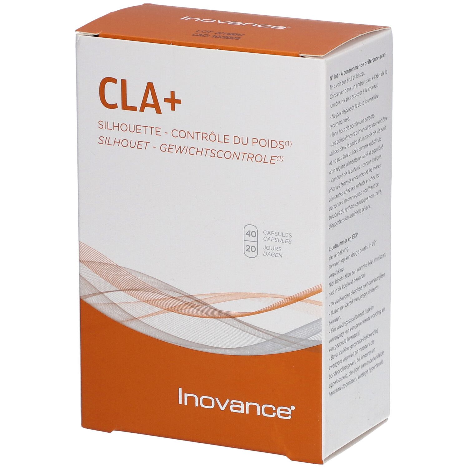 Boîte Inovance® CLA+ avec inscription CLA+, Silhouette, 40 capsules, 20 jours. Fond orange et blanc.