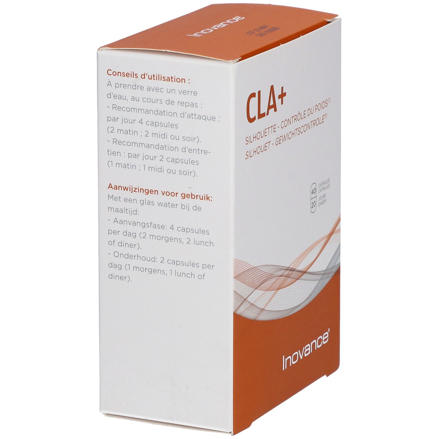 Dos de l'emballage Inovance® CLA+. Contient des informations d'utilisation en français et en néerlandais.
