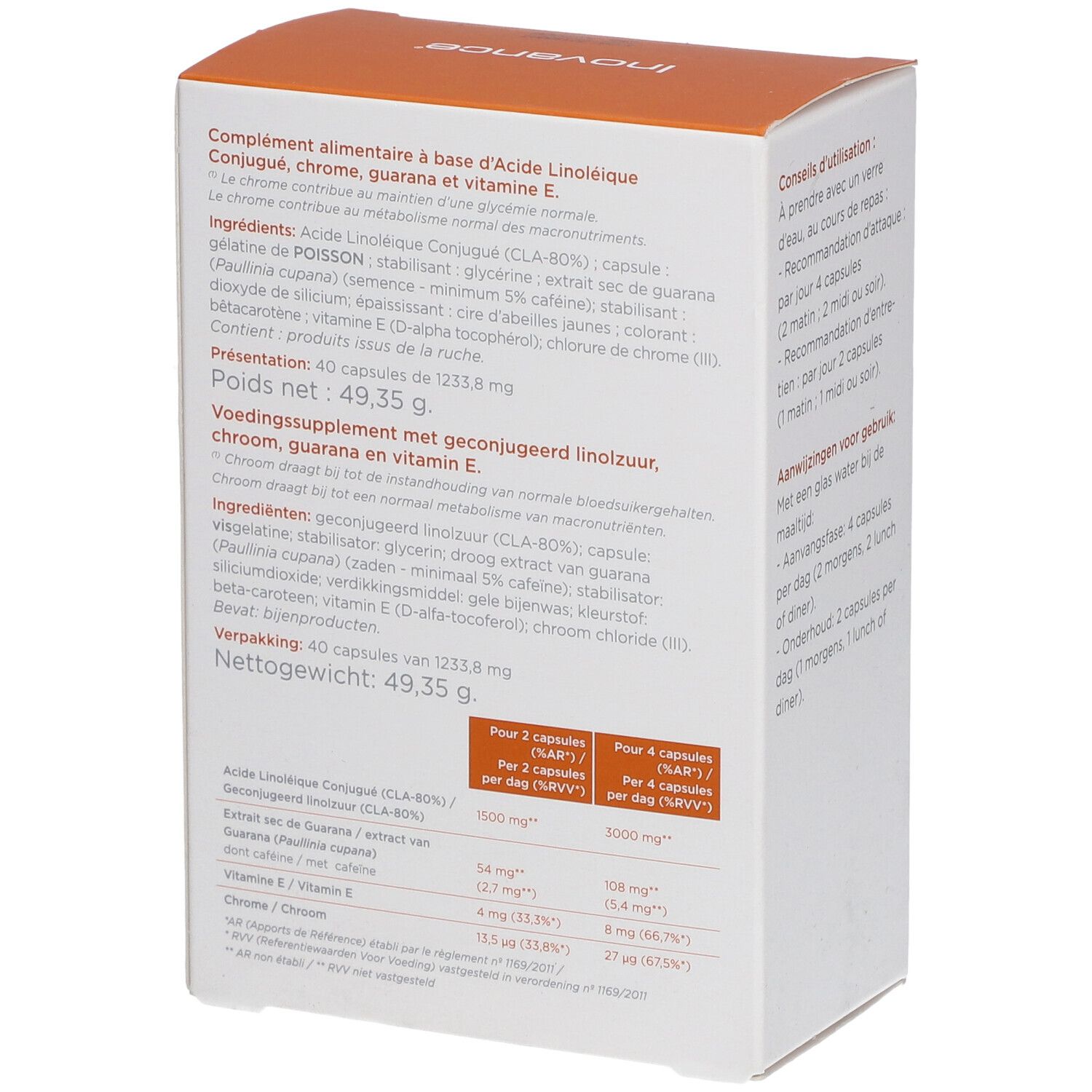 Dos de l'emballage Inovance® CLA+. Contient des informations sur les ingrédients et les valeurs nutritionnelles.
