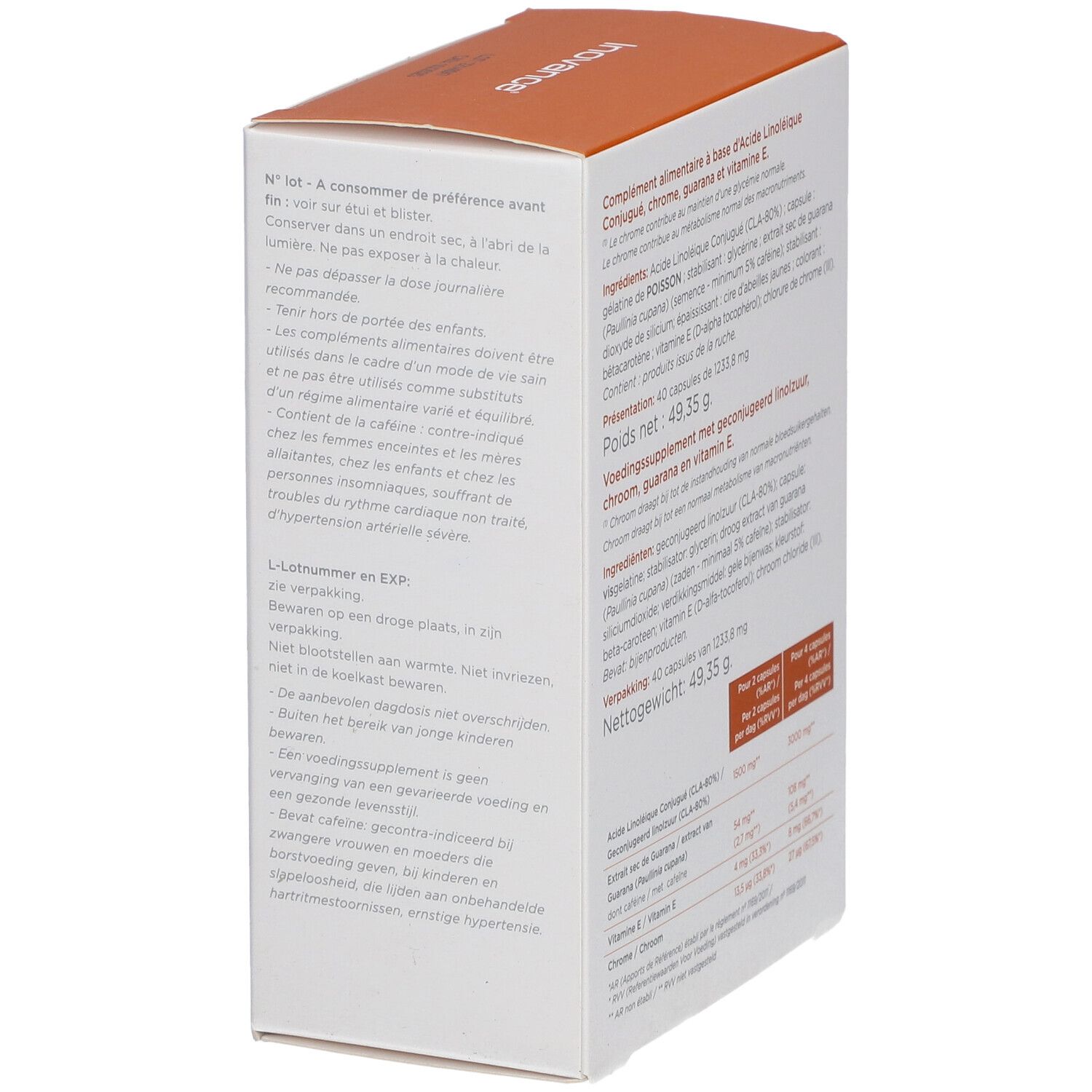Dos de l'emballage Inovance® CLA+. Contient des informations sur les précautions et la durabilité.