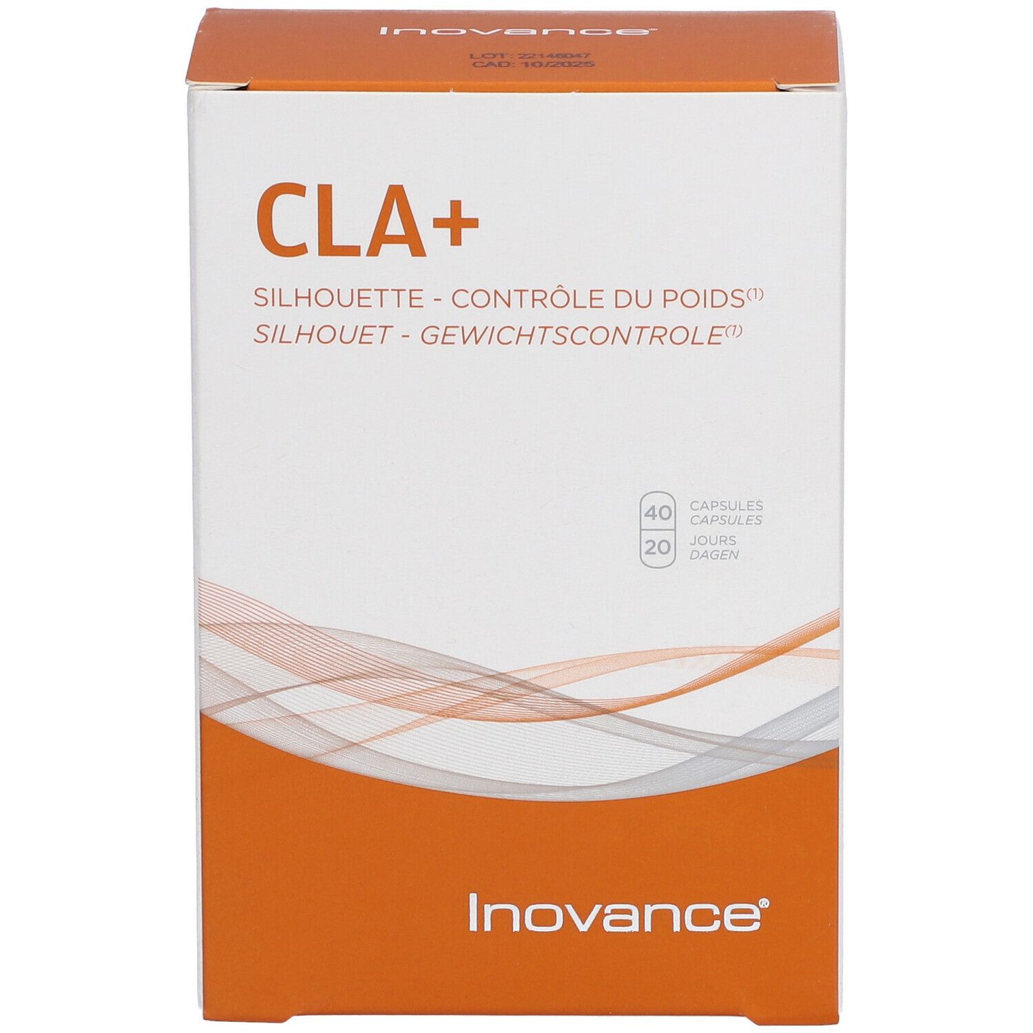 Face avant de l'emballage Inovance® CLA+. Inscription CLA+, Silhouette, 40 capsules, 20 jours. Fond orange et blanc.