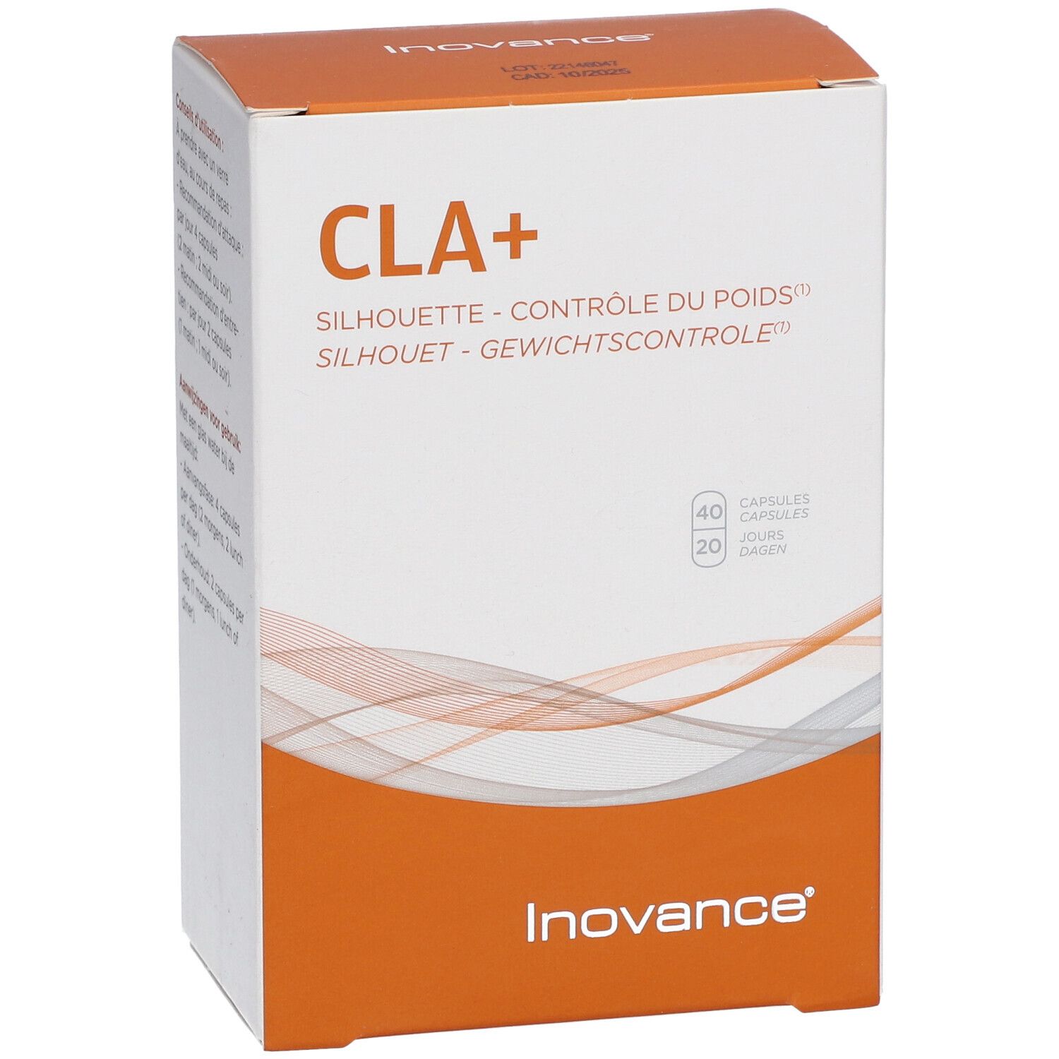 Face avant de l'emballage Inovance® CLA+. Inscription CLA+, Silhouette, 40 capsules, 20 jours. Fond orange et blanc.