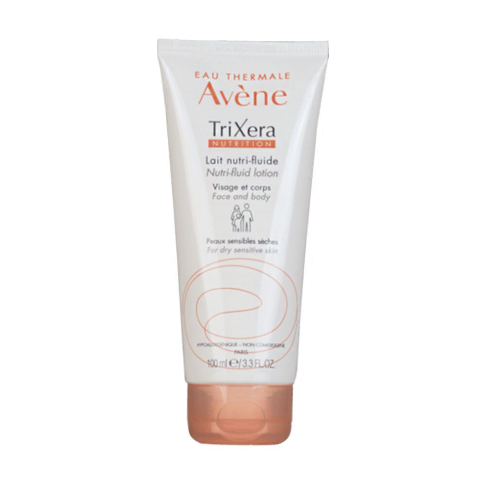 Tube blanc avec bouchon orange. Inscription: Avène TriXera Nutrition, Lait nutri-fluide, Visage et corps. Pour peaux sèches et sensibles.