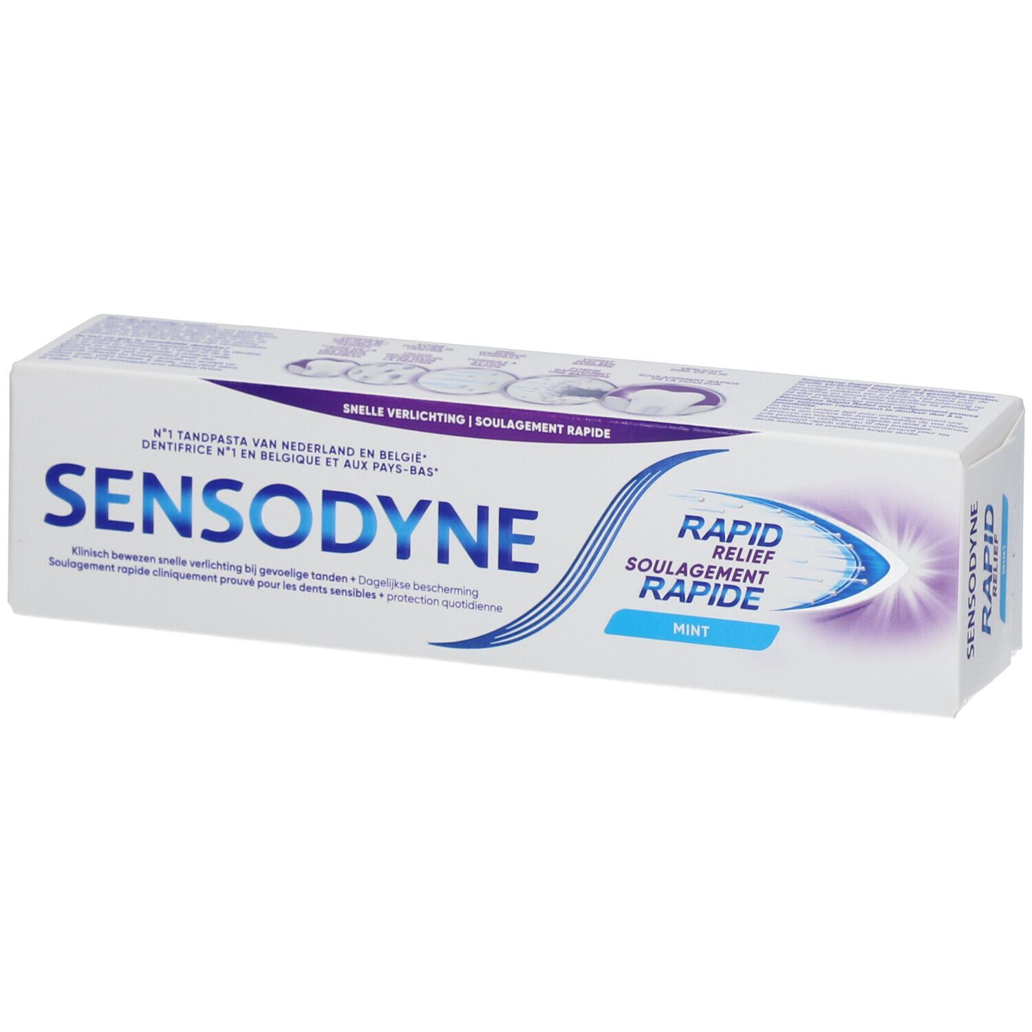 Tandpastadoos, wit, blauw Sensodyne-logo en Rapid Relief. Muntsmaak.