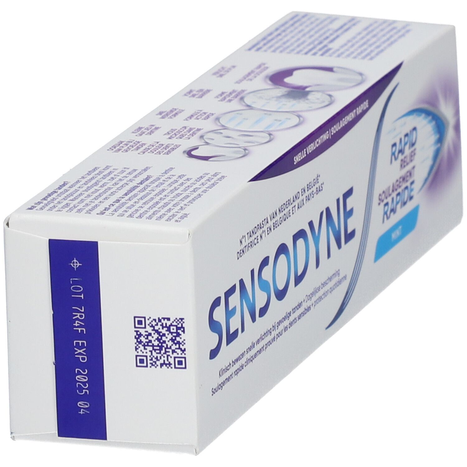 Tandpastadoos, wit, blauw Sensodyne-logo en Rapid Relief. Muntsmaak.