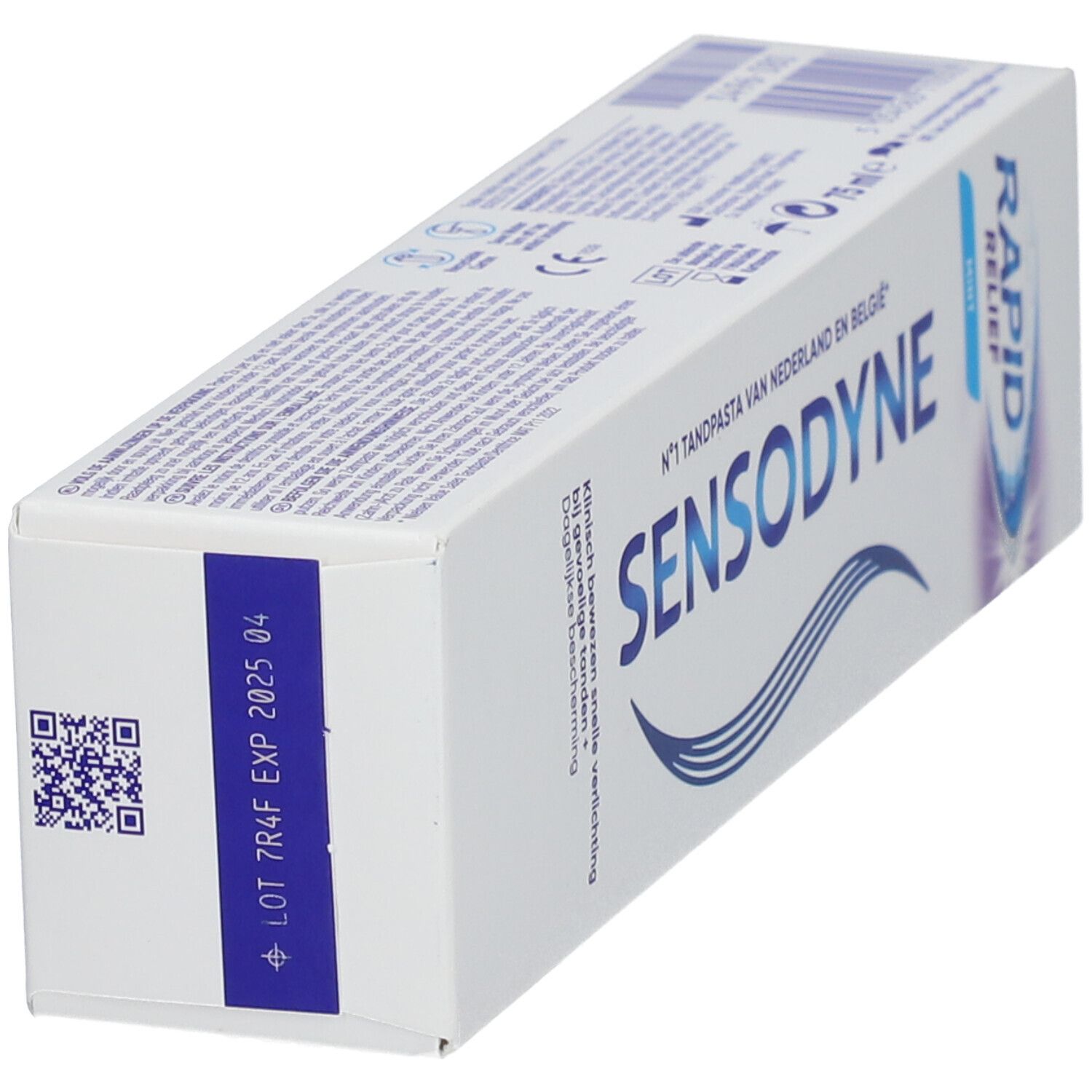 Tandpastadoos, wit, blauw Sensodyne-logo en Rapid Relief. Muntsmaak.