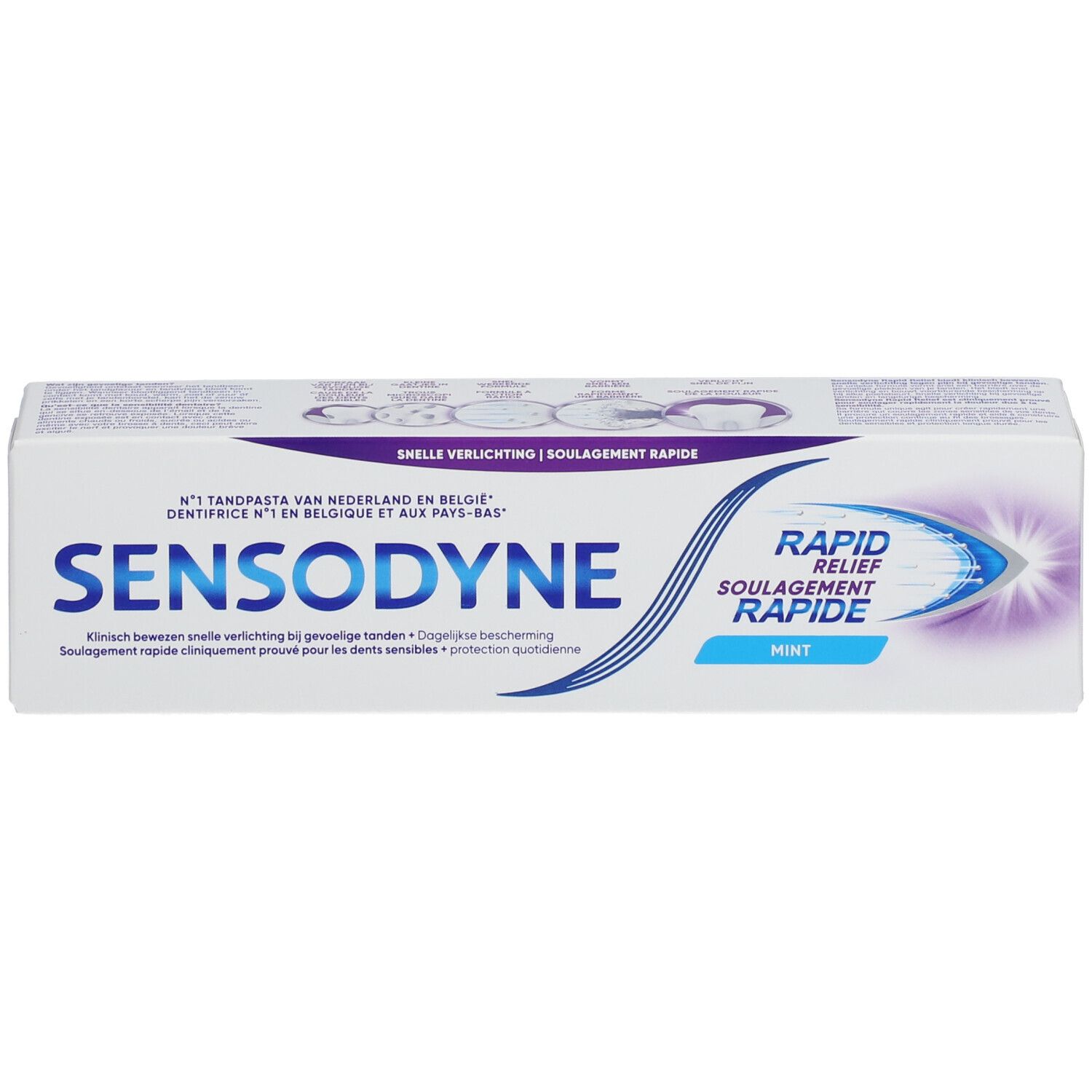 Tandpastadoos, wit, blauw Sensodyne-logo en Rapid Relief. Muntsmaak.